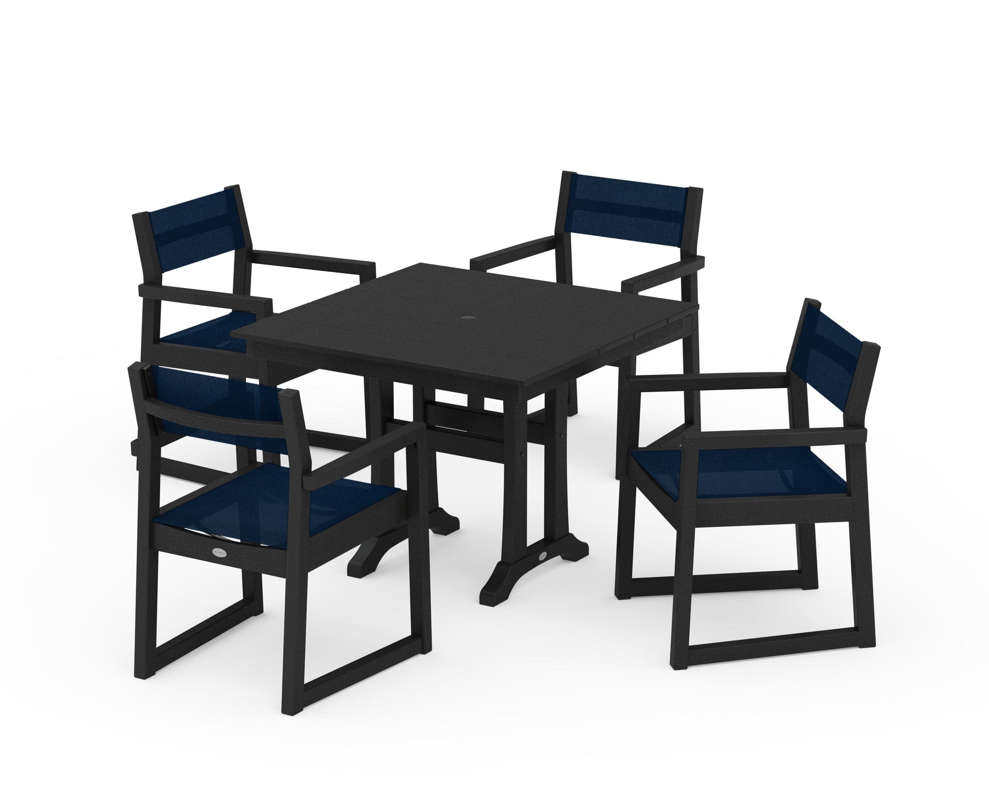 POLYWOOD EDGE Sling 5-Piece Farmhouse Dining Set with Trestle Legs — Black / Navy Blue Sling