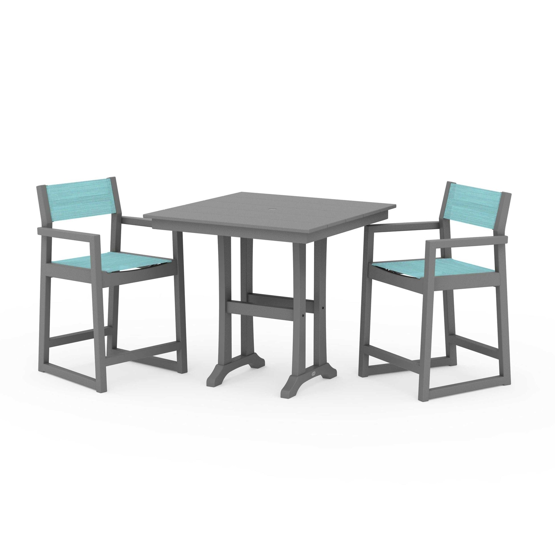 POLYWOOD EDGE Sling Arm Chair 3-Piece Farmhouse Counter Set with Trestle Legs — Slate Grey / Dupioni Aquamarine Sling