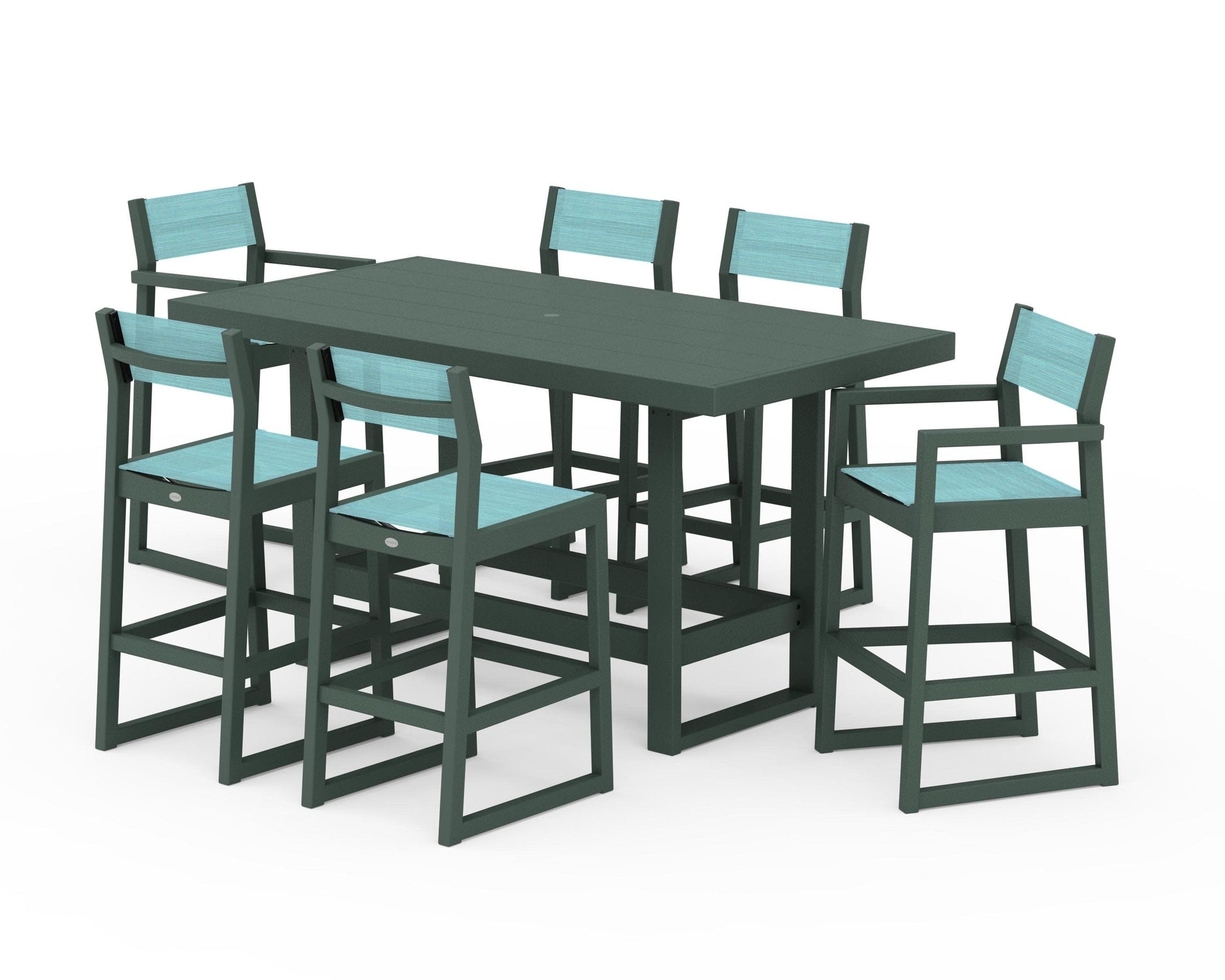 POLYWOOD EDGE Sling 7-Piece Bar Table Set — Green / Dupioni Aquamarine Sling