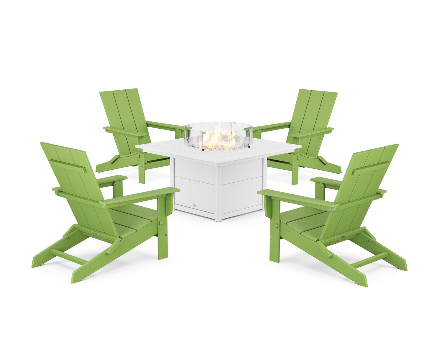 POLYWOOD 5-Piece Modern Studio Folding Adirondack Conversation Set with Fire Pit Table — Lime / White