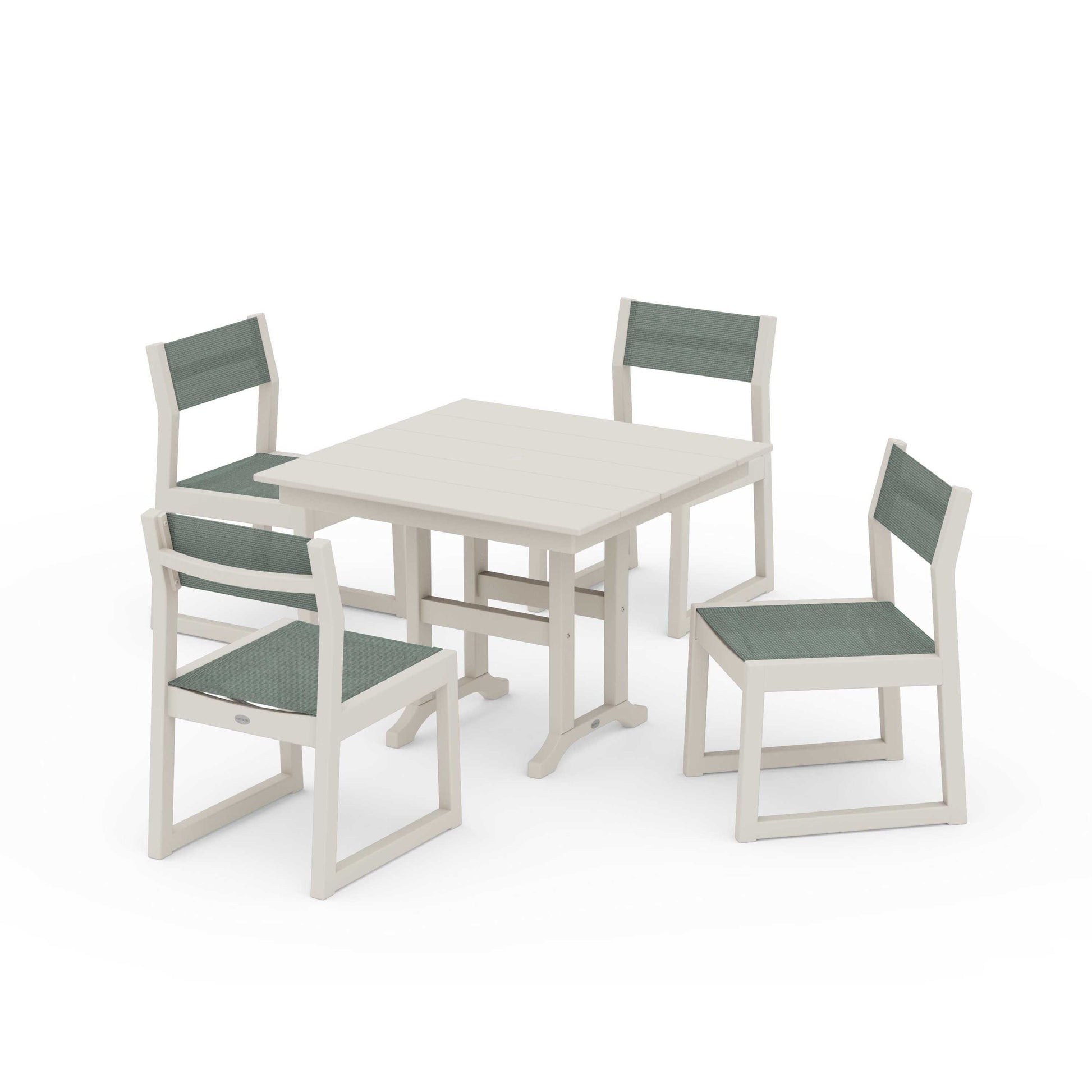 POLYWOOD EDGE Sling Side Chair 5-Piece Farmhouse Dining Set — Sand / Dupioni Sea Mist Sling