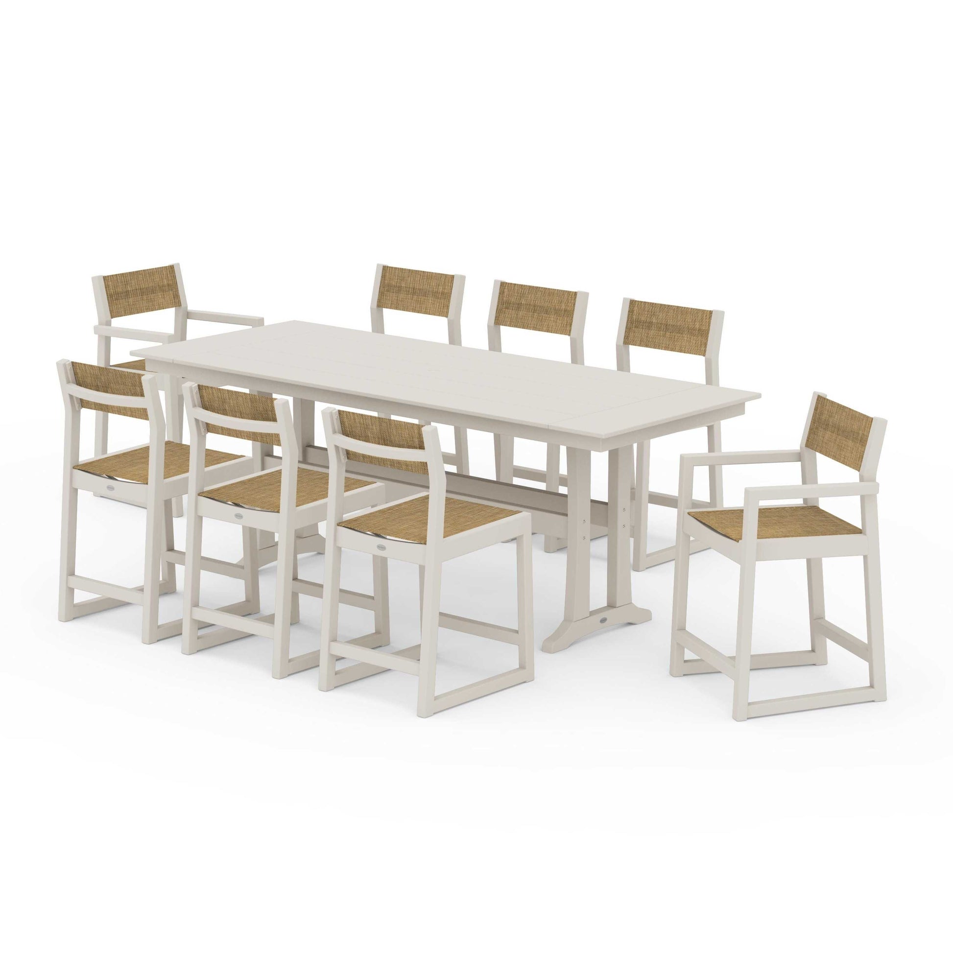 POLYWOOD EDGE Sling 9-Piece Farmhouse Counter Set with Trestle Legs — Sand / Burlap Sling