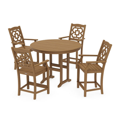 POLYWOOD Chinoiserie 5-Piece Round Farmhouse Counter Set — Natural