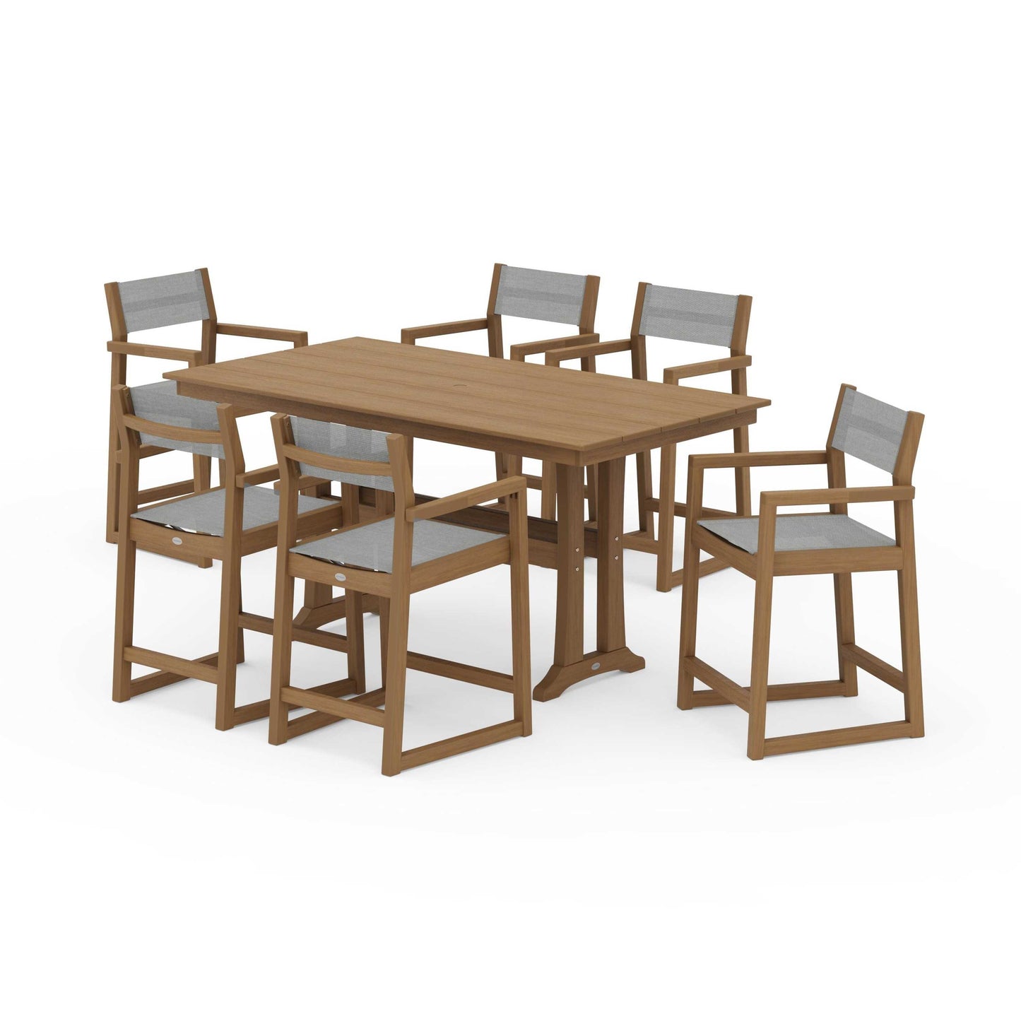 POLYWOOD EDGE Sling Arm Chair 7-Piece Farmhouse Counter Set with Trestle Legs — Natural / Metallic Sling