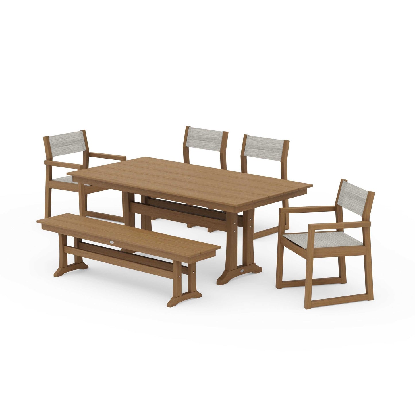 POLYWOOD EDGE Sling 6-Piece Farmhouse Dining Set With Trestle Legs — Natural / Birch Sling