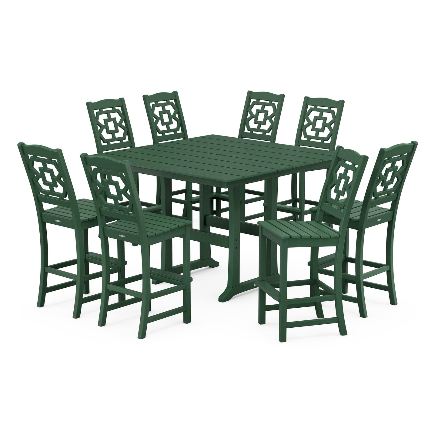 POLYWOOD Chinoiserie 9-Piece Square Farmhouse Side Chair Bar Set with Trestle Legs — Green