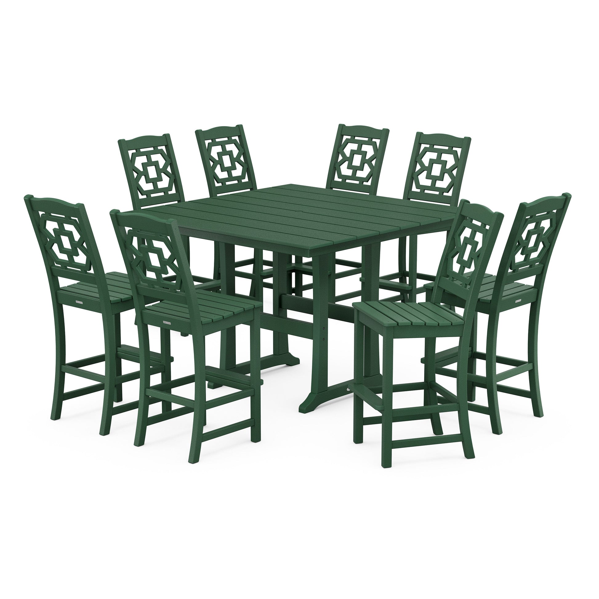 POLYWOOD Chinoiserie 9-Piece Square Farmhouse Side Chair Bar Set with Trestle Legs — Green
