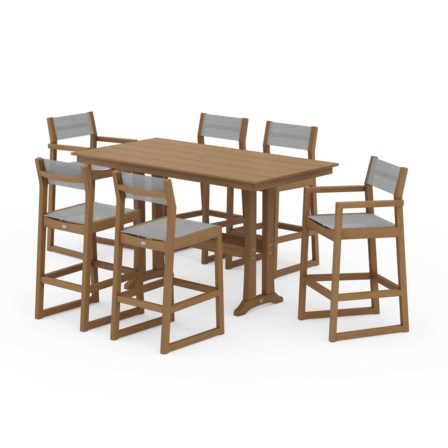 POLYWOOD EDGE Sling 7-Piece Farmhouse Bar Set with Trestle Legs — Natural / Metallic Sling
