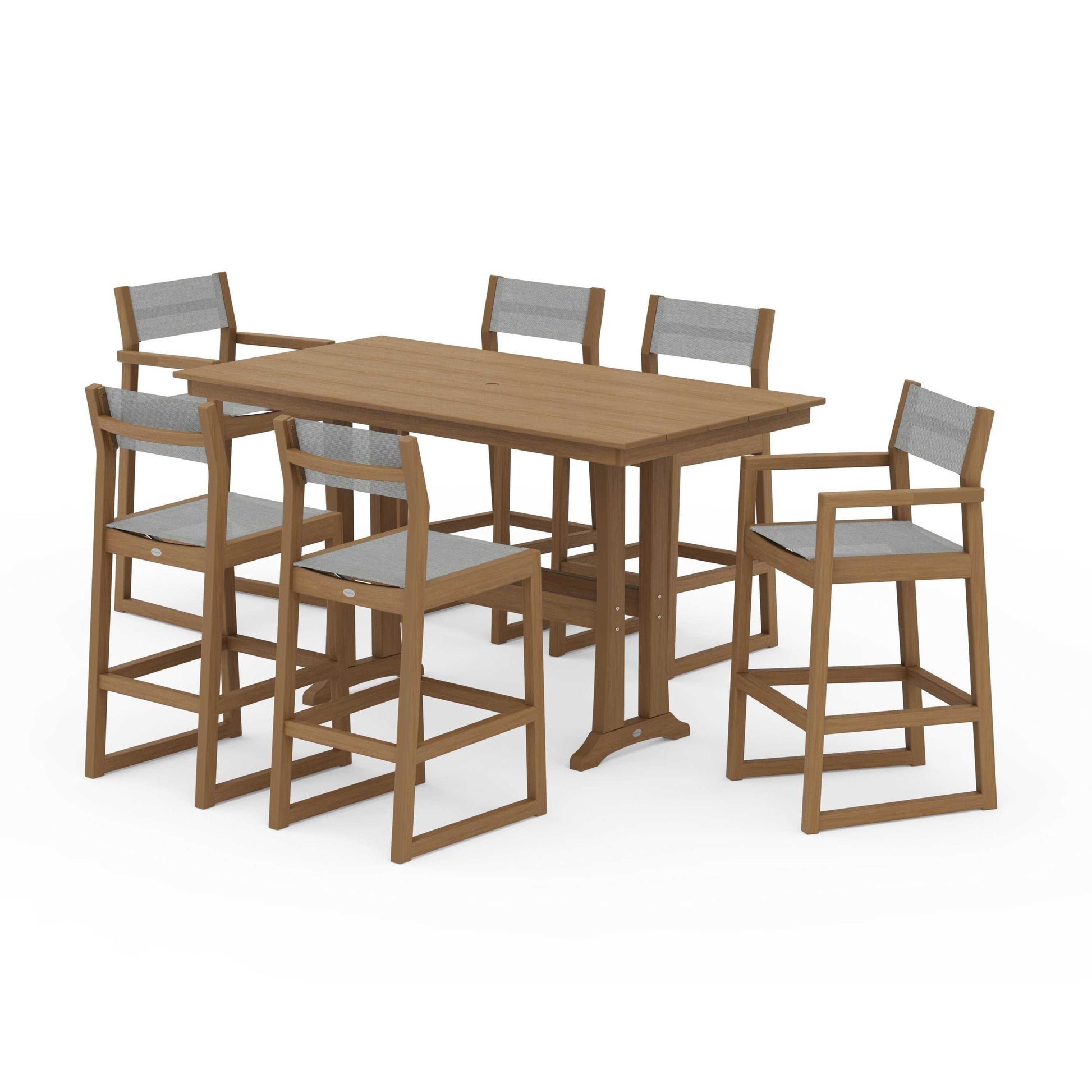 POLYWOOD EDGE Sling 7-Piece Farmhouse Bar Set with Trestle Legs — Natural / Metallic Sling