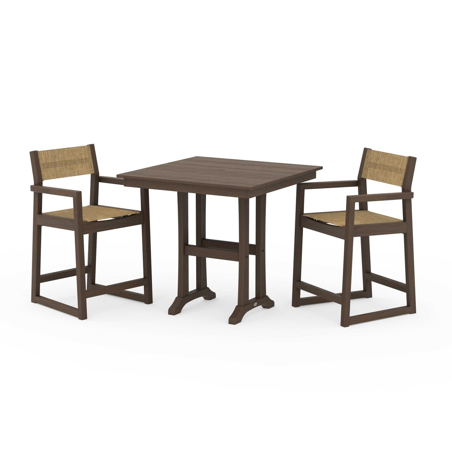 POLYWOOD EDGE Sling Arm Chair 3-Piece Farmhouse Counter Set with Trestle Legs — Kona / Burlap Sling