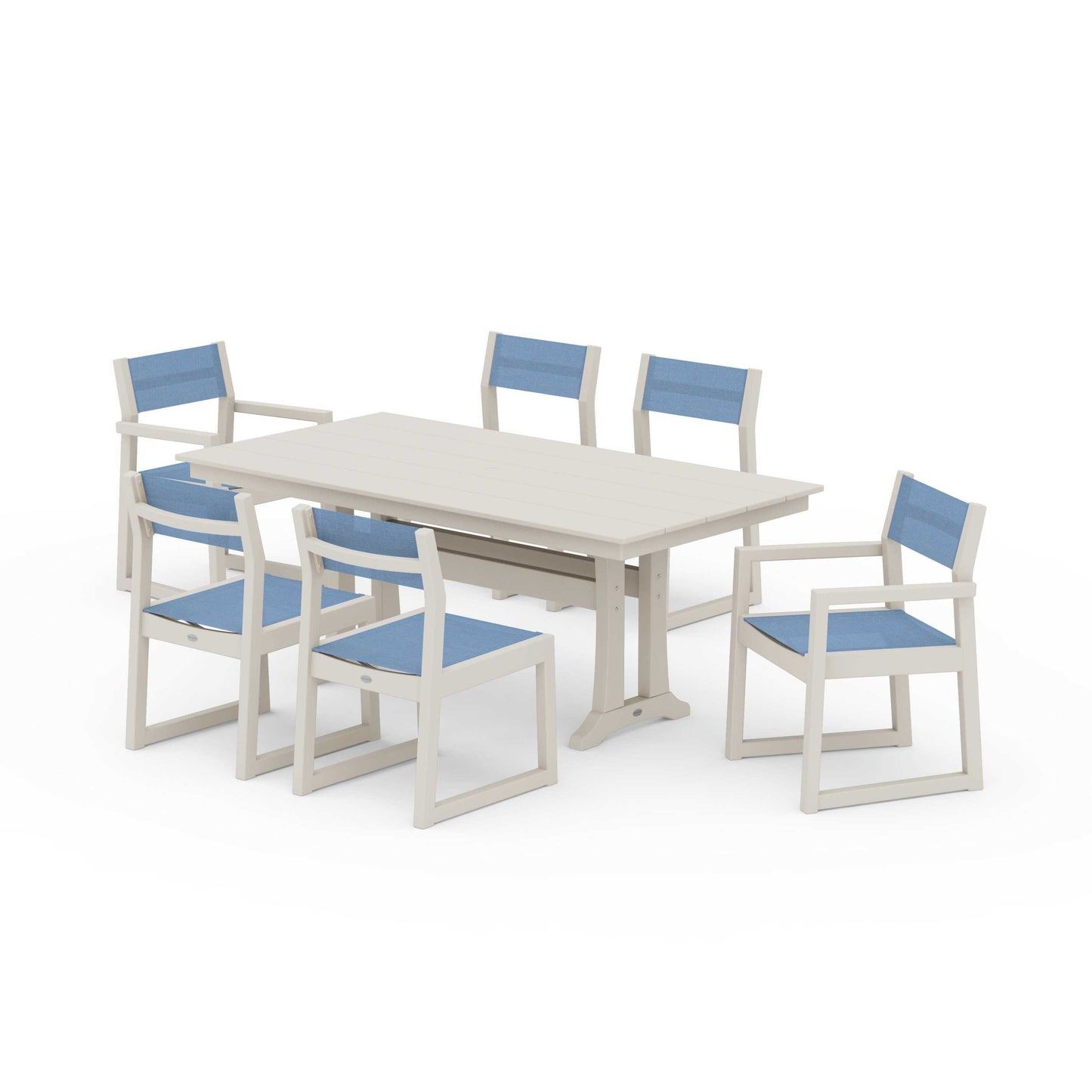 POLYWOOD EDGE Sling 7-Piece Farmhouse Trestle Dining Set — Sand / Poolside Sling