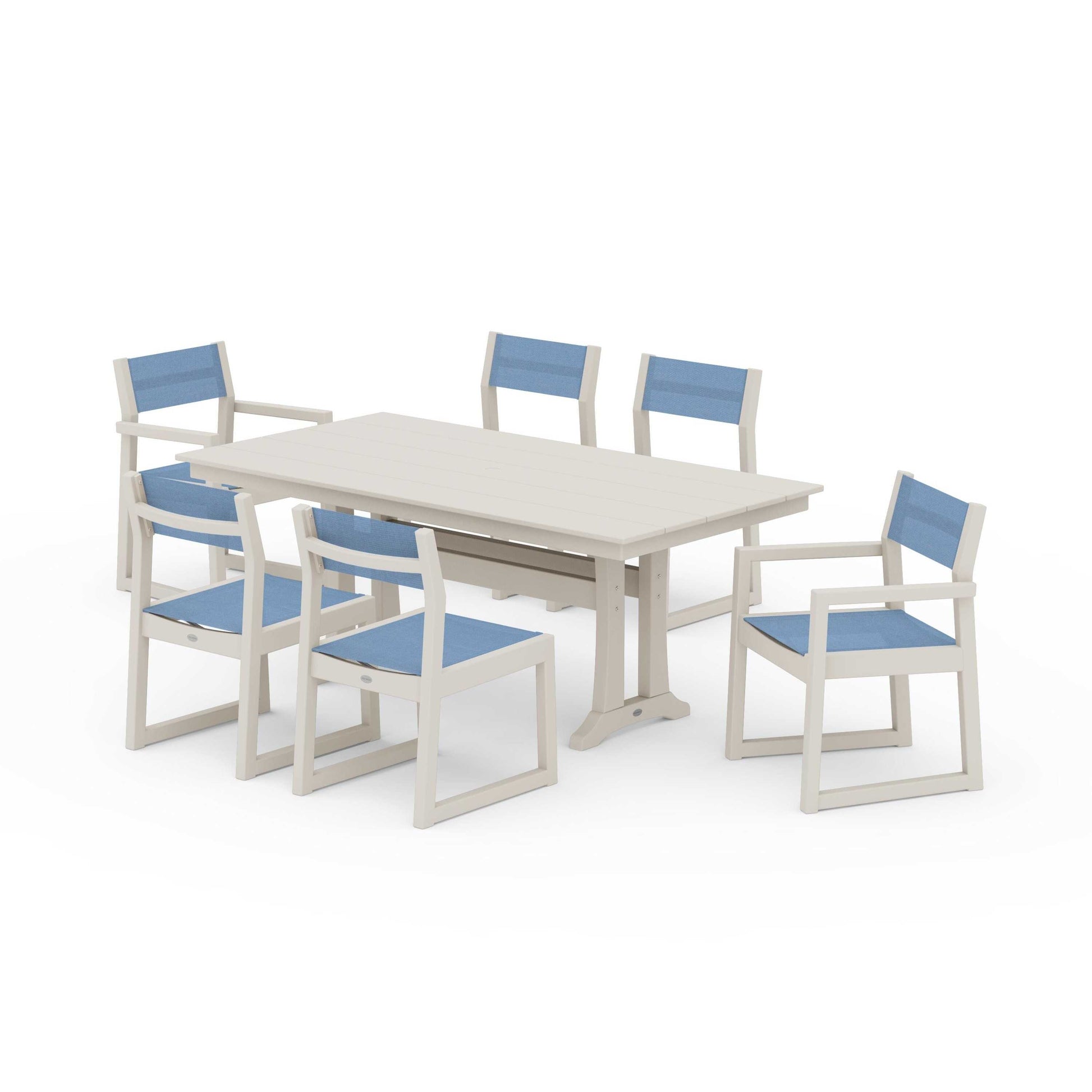 POLYWOOD EDGE Sling 7-Piece Farmhouse Trestle Dining Set — Sand / Poolside Sling