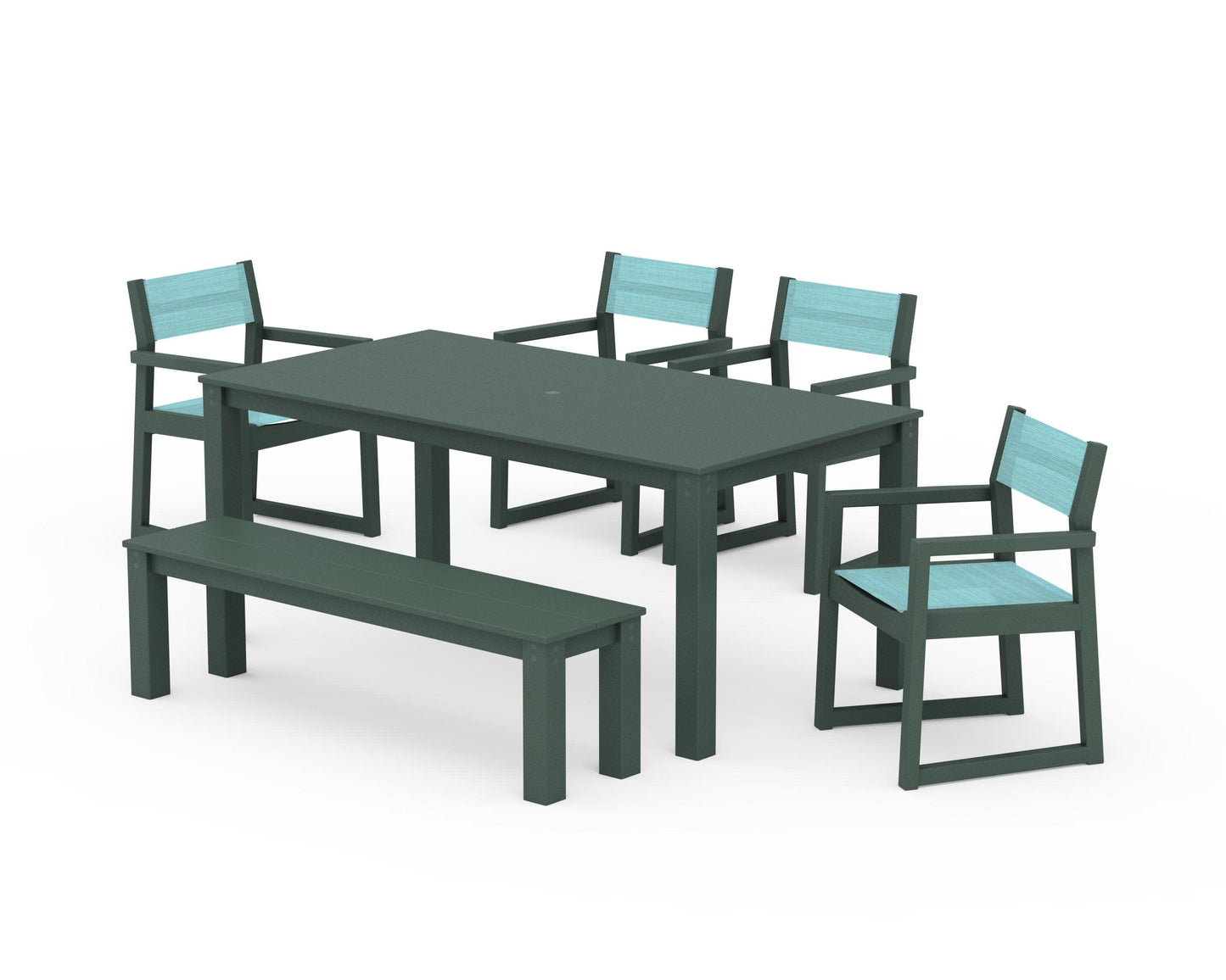 POLYWOOD EDGE Sling Arm Chair 6-Piece Parsons Dining Set with Bench — Green / Dupioni Aquamarine Sling