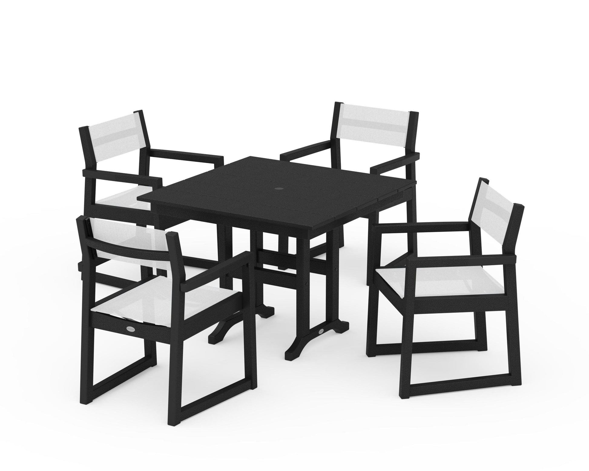 POLYWOOD EDGE Sling Arm Chair 5-Piece Farmhouse Dining Set — Black / White Sling