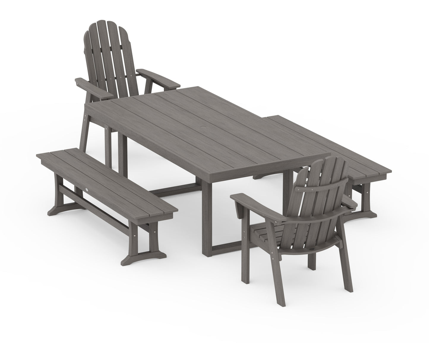 POLYWOOD Vineyard Adirondack 5-Piece Dining Set with Benches — Driftwood