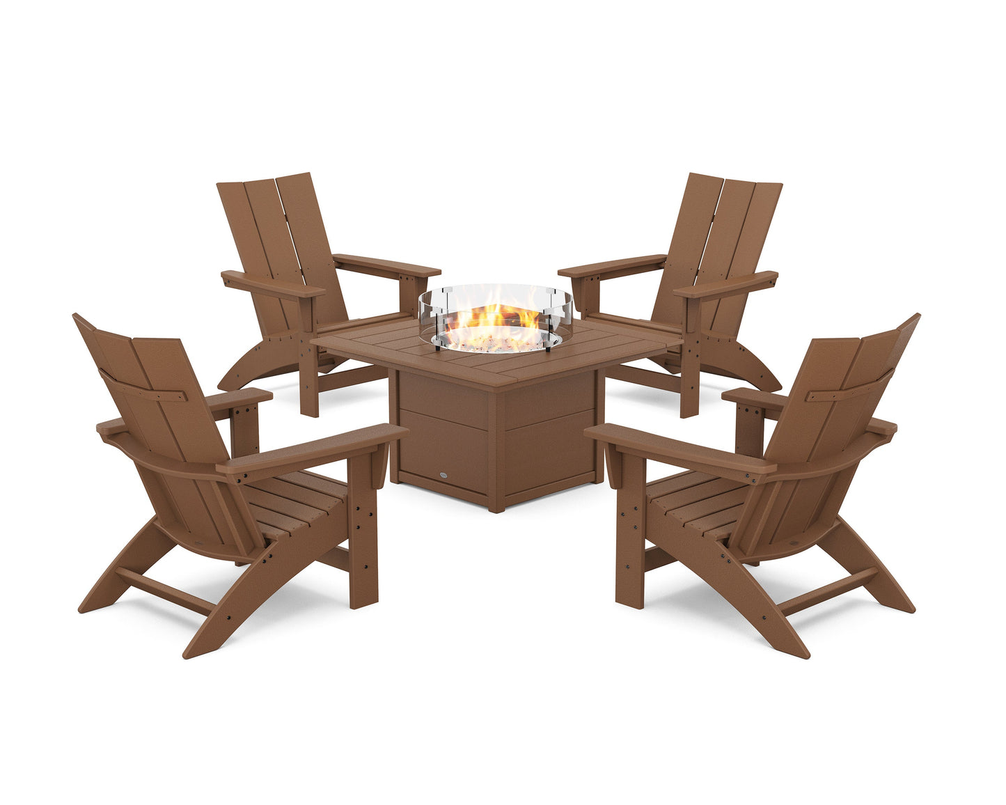 POLYWOOD 5-Piece Modern Grand Adirondack Conversation Set with Fire Pit Table — Teak