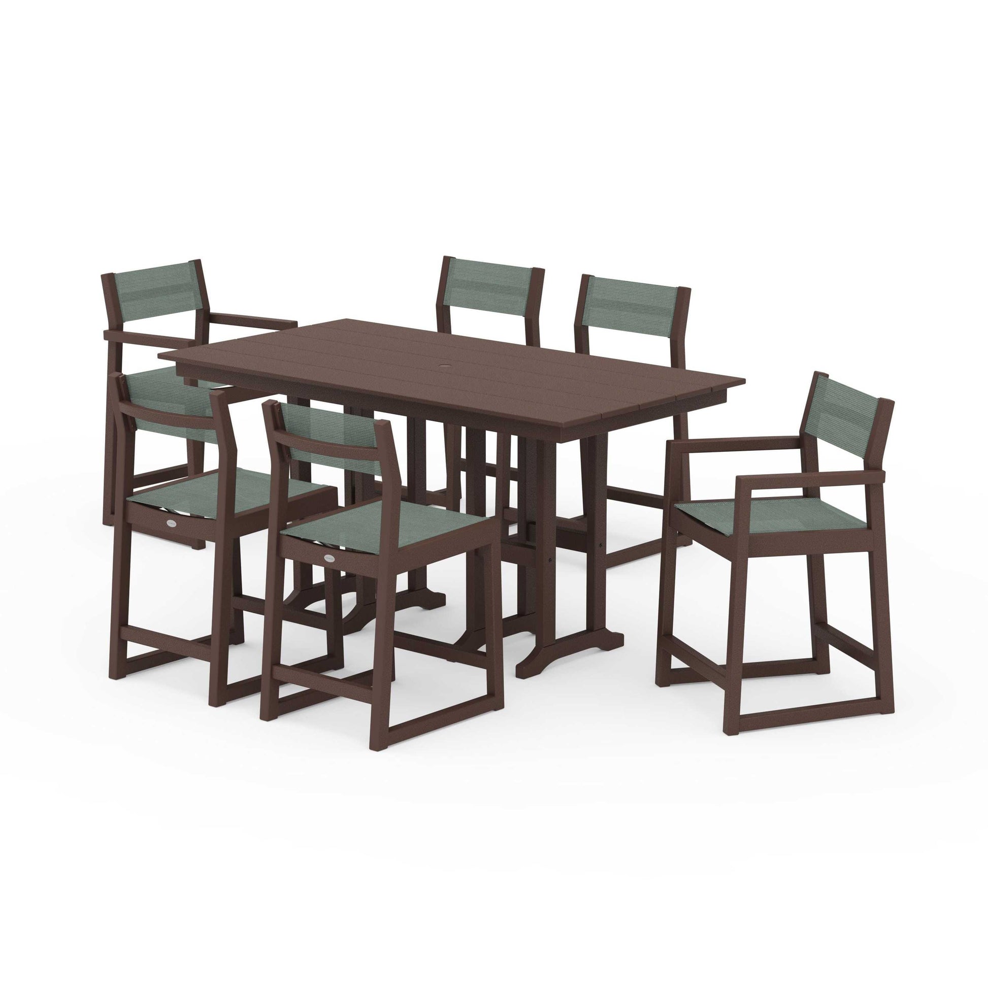 POLYWOOD EDGE Sling 7-Piece Farmhouse Counter Set with Trestle Legs — Mahogany / Dupioni Sea Mist Sling
