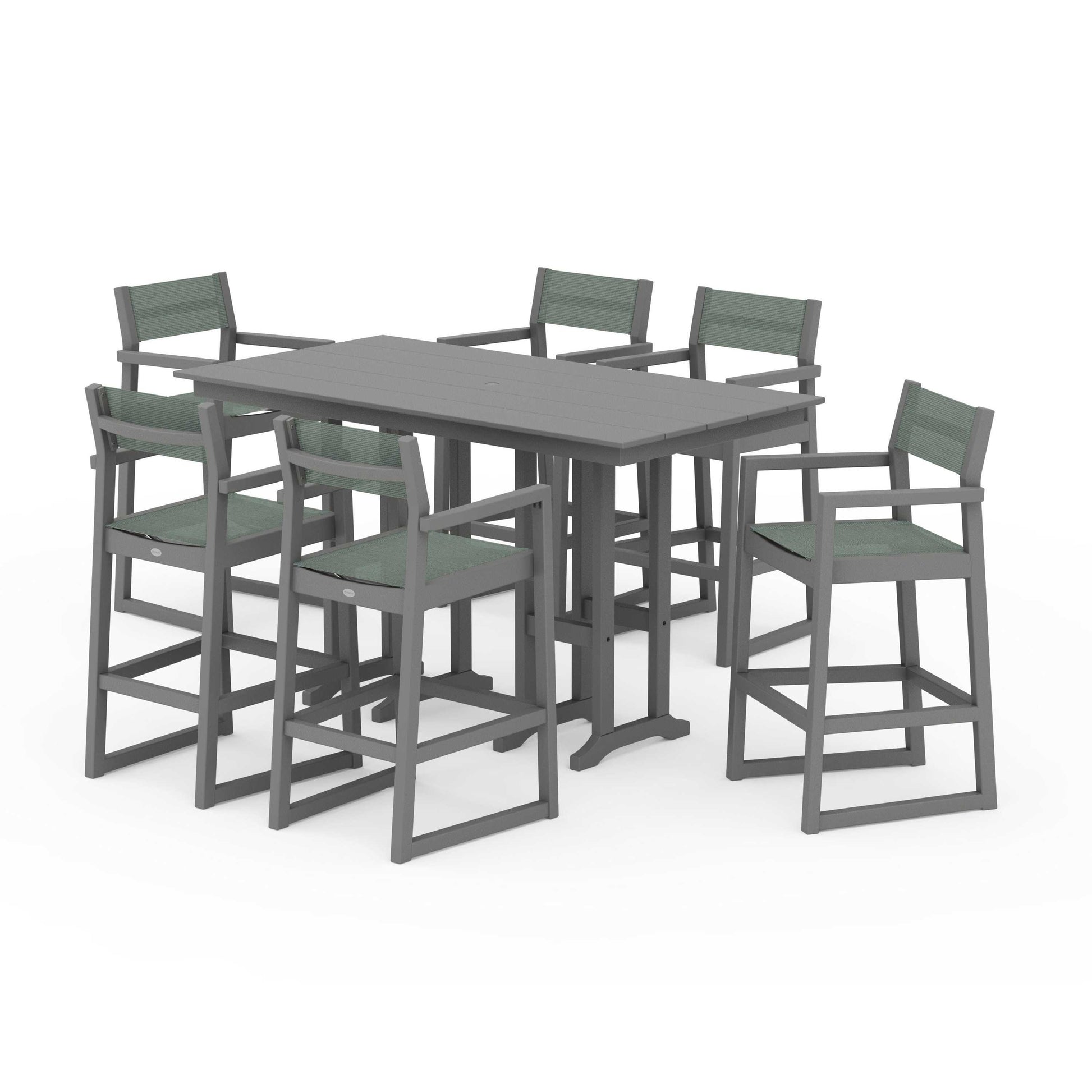 POLYWOOD EDGE Sling Arm Chair 7-Piece Farmhouse Bar Set — Slate Grey / Dupioni Sea Mist Sling