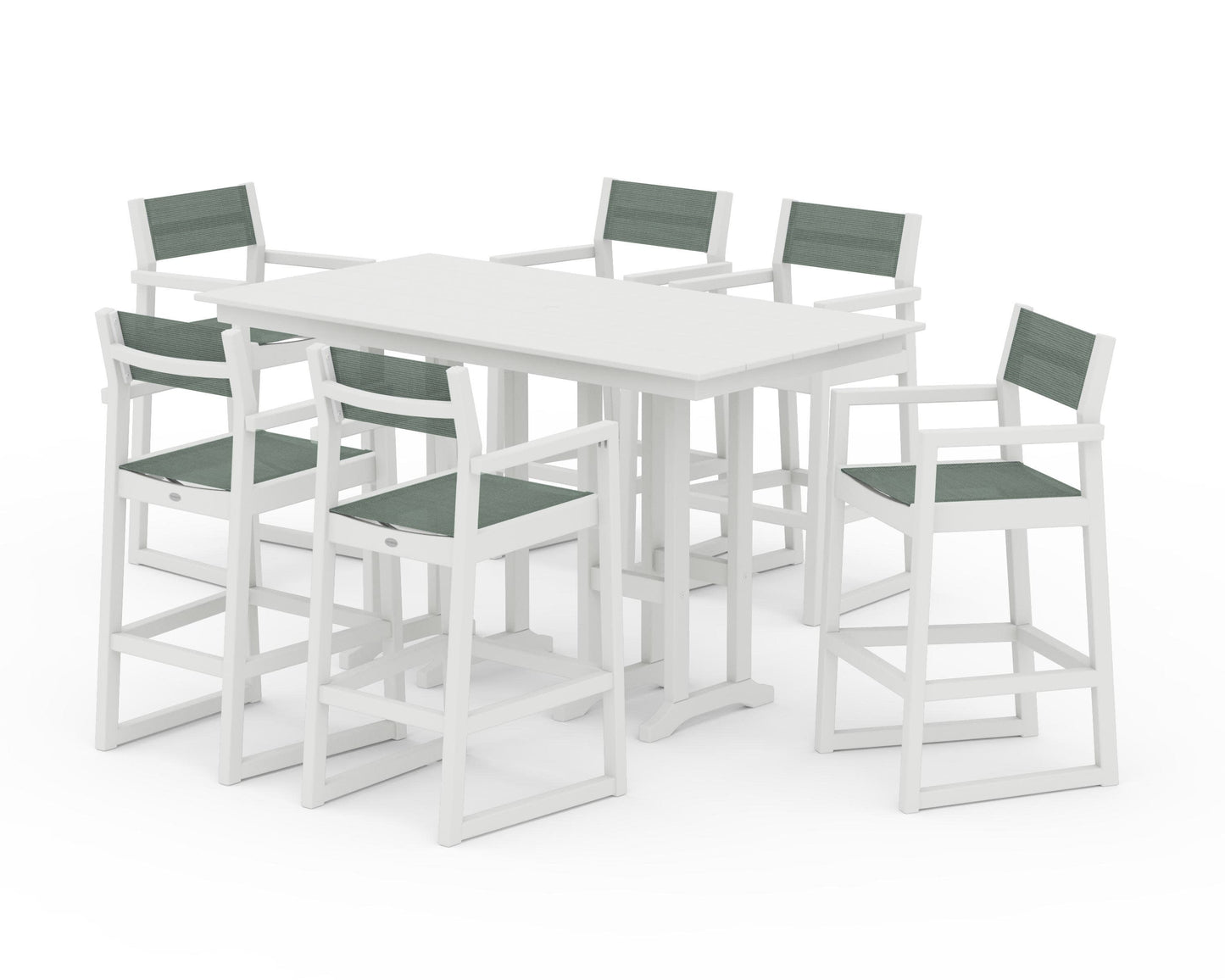 POLYWOOD EDGE Sling Arm Chair 7-Piece Farmhouse Bar Set — Vintage White / Dupioni Sea Mist Sling