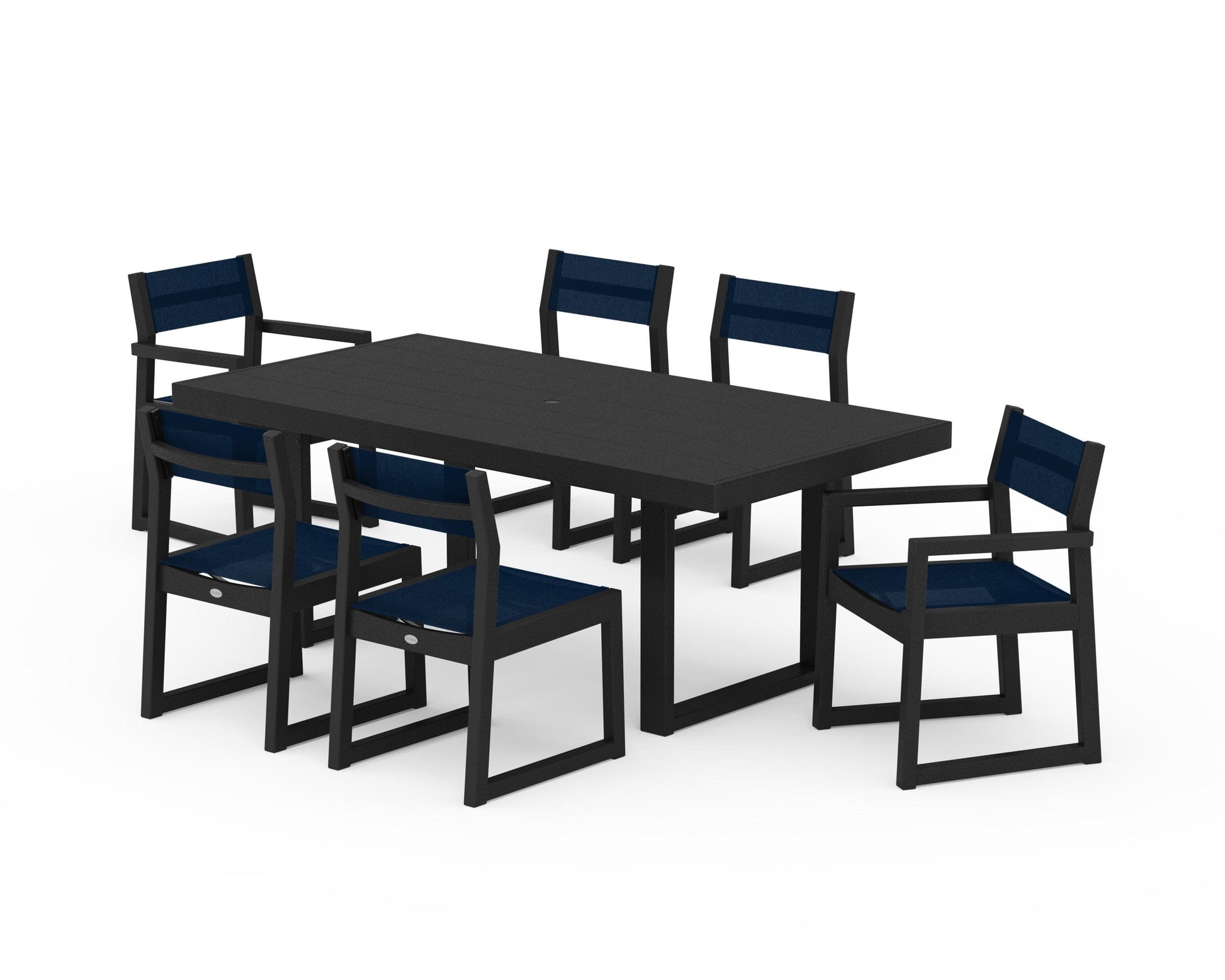 POLYWOOD EDGE Sling 7-Piece Dining Set — Black / Navy Blue Sling