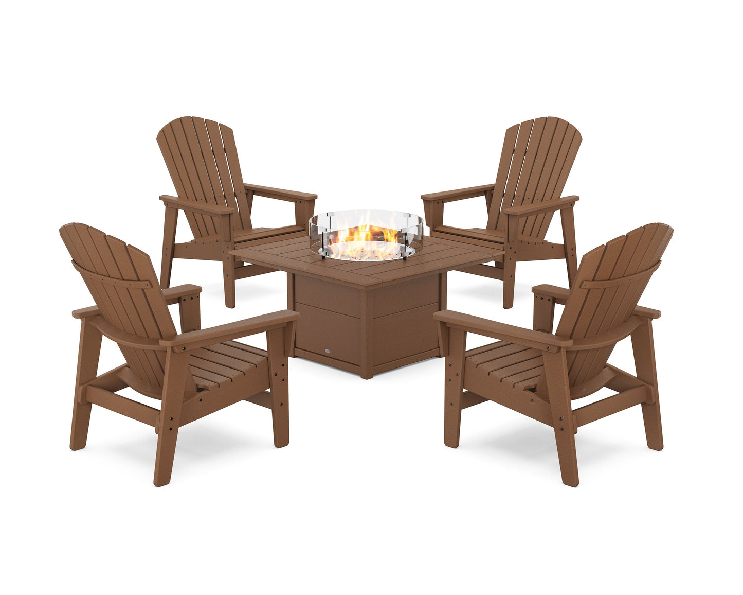 POLYWOOD 5-Piece Nautical Grand Upright Adirondack Conversation Set with Fire Pit Table — Teak