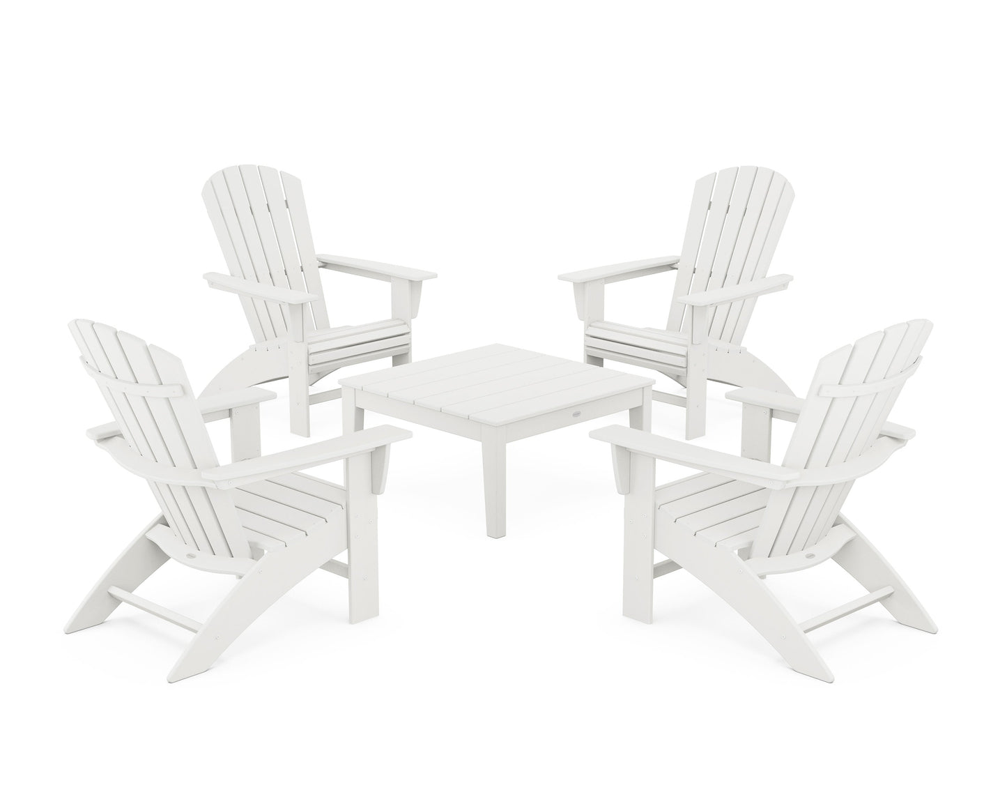 POLYWOOD 5-Piece Nautical Curveback Adirondack Chair Conversation Set with 36" Conversation Table — Vintage White
