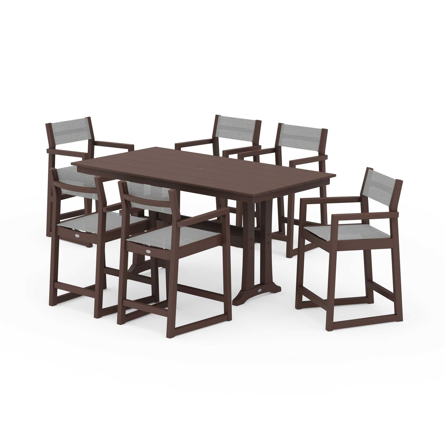 POLYWOOD EDGE Sling Arm Chair 7-Piece Farmhouse Counter Set with Trestle Legs — Mahogany / Metallic Sling