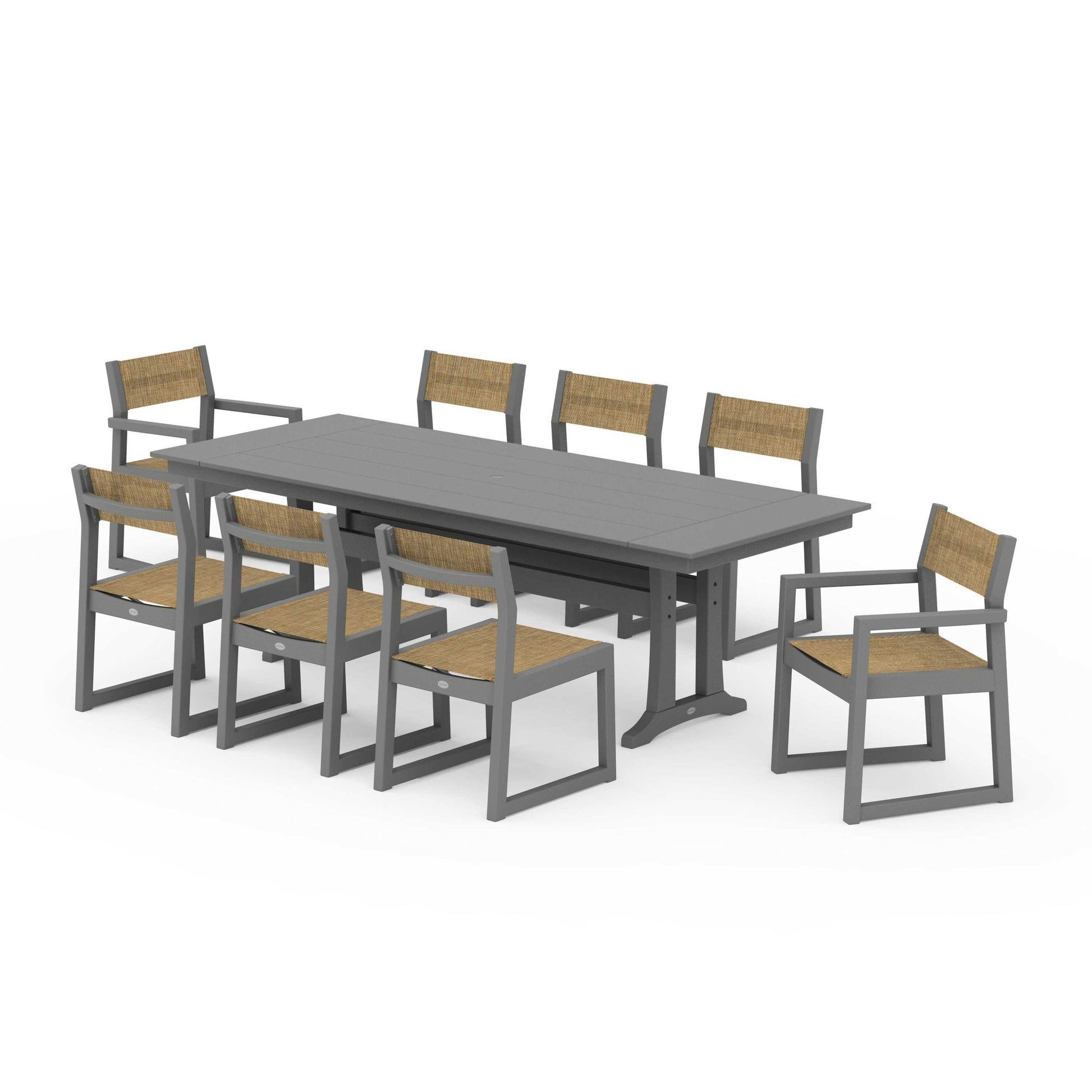 POLYWOOD EDGE Sling 9-Piece Farmhouse Trestle Dining Set — Slate Grey / Burlap Sling