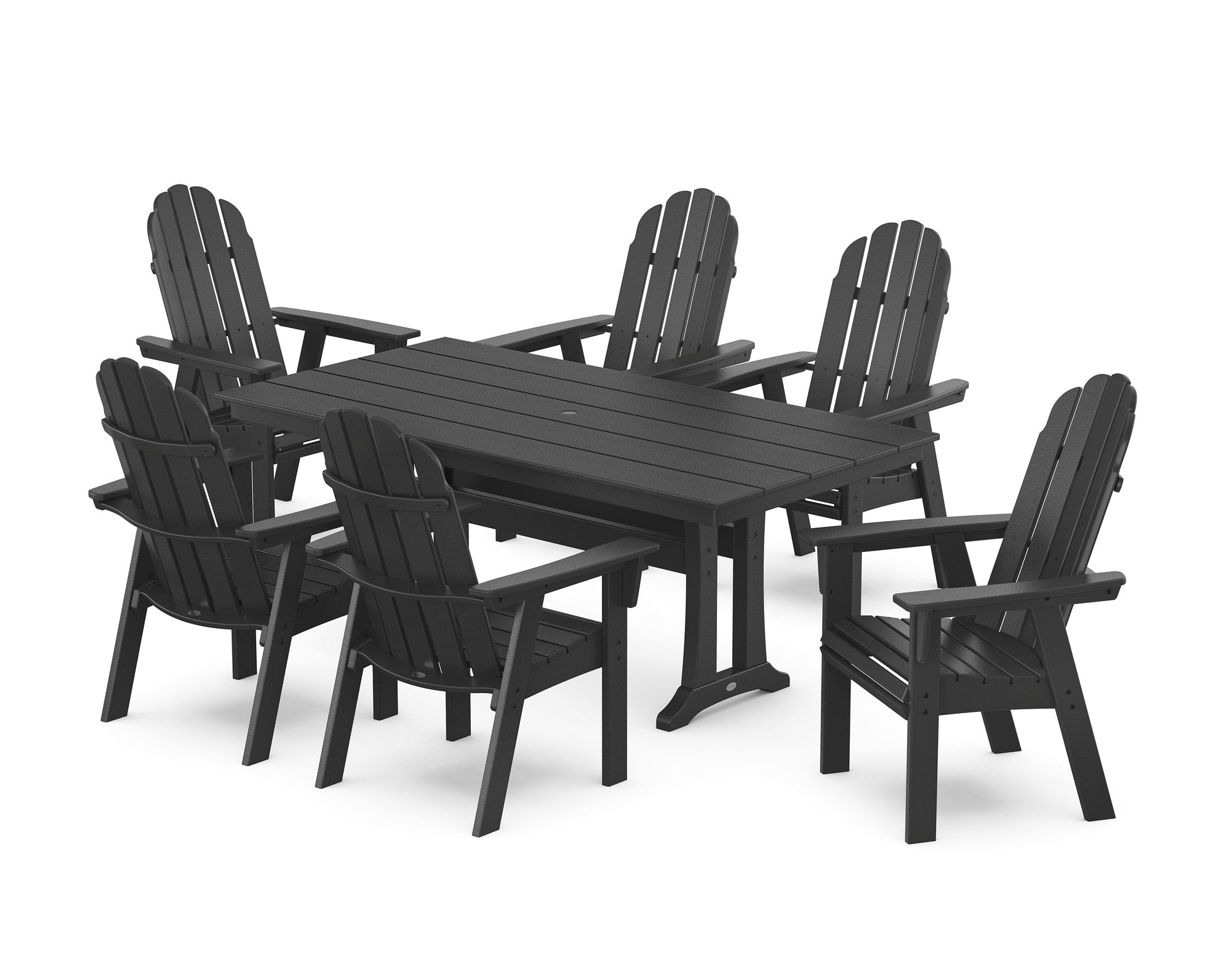 POLYWOOD Vineyard Curveback Adirondack Chair 7-Piece Farmhouse Dining Set with Trestle Legs — Black