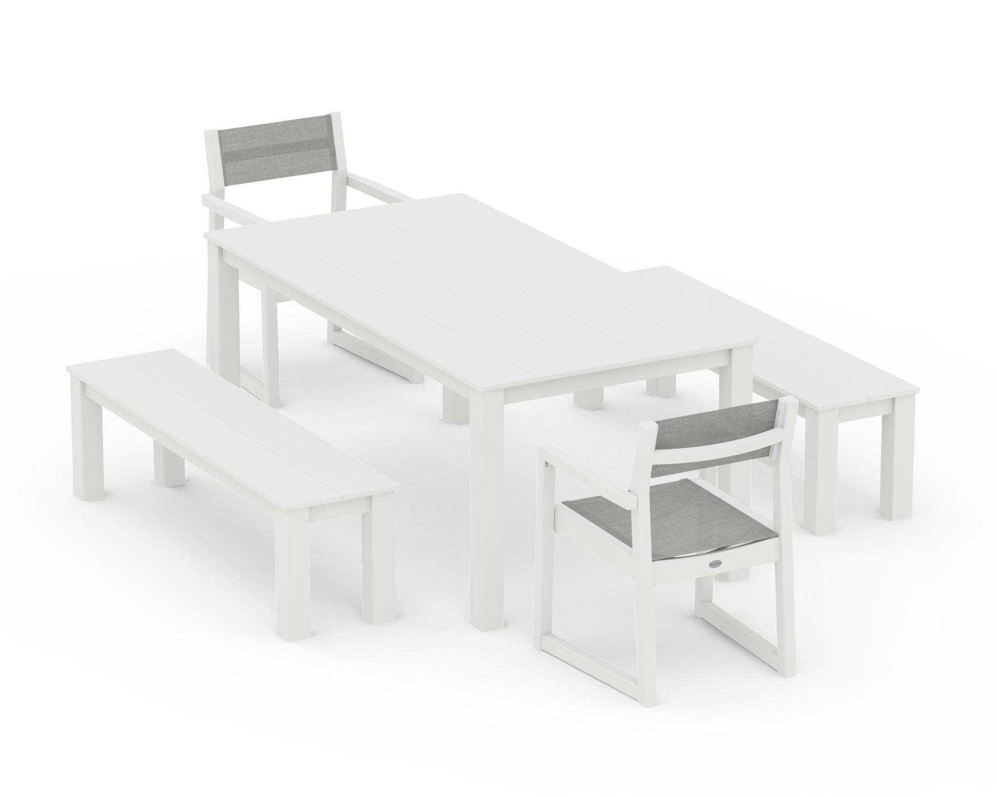 POLYWOOD EDGE Sling Arm Chair 5-Piece Parsons Dining Set with Benches — White / Metallic Sling
