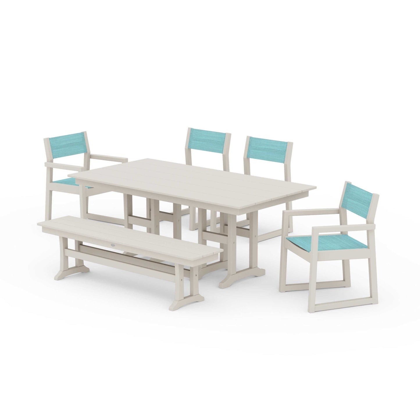 POLYWOOD EDGE Sling 6-Piece Farmhouse Dining Set — Sand / Dupioni Aquamarine Sling