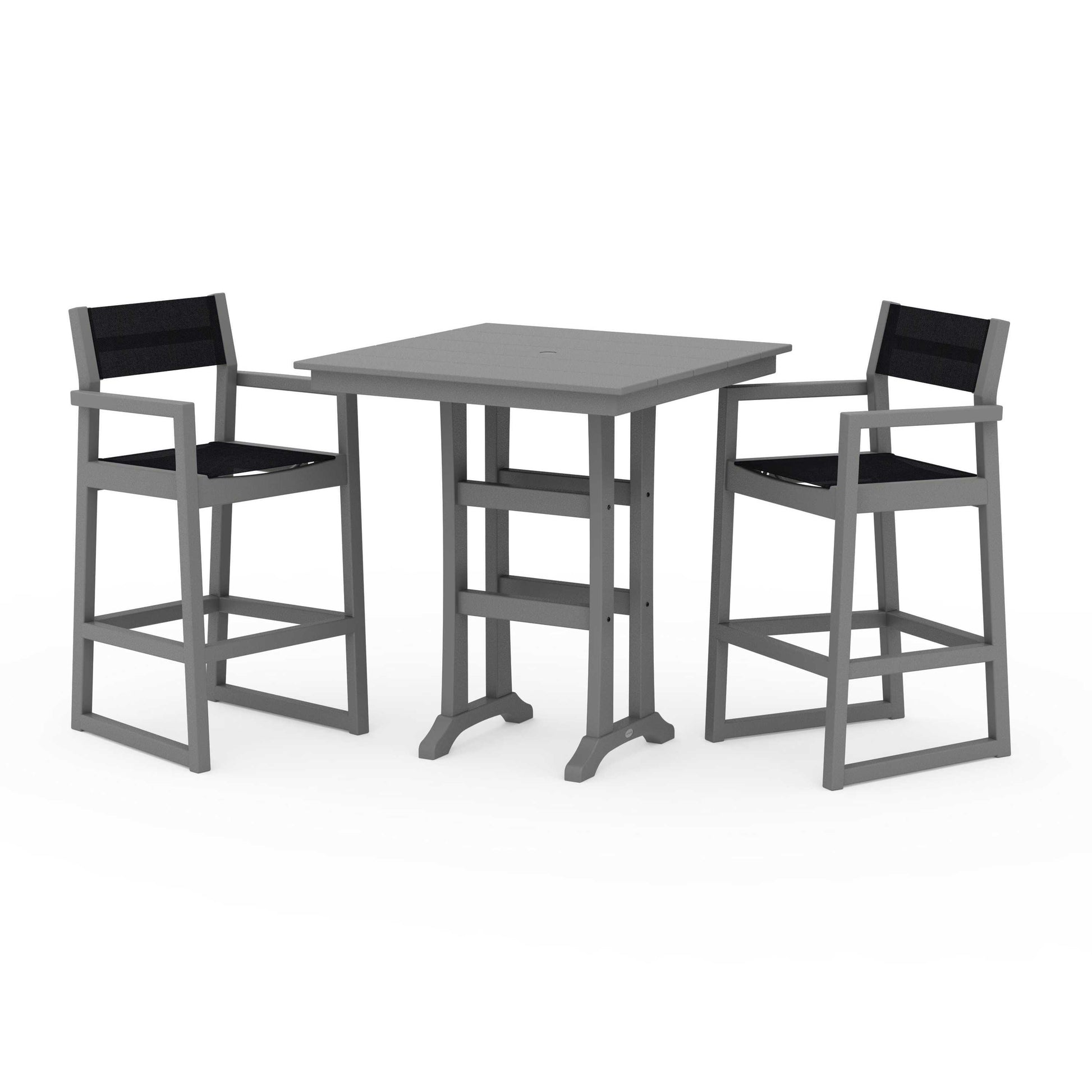 POLYWOOD EDGE Sling Arm Chair 3-Piece Farmhouse Bar Set with Trestle Legs — Slate Grey / Black Sling