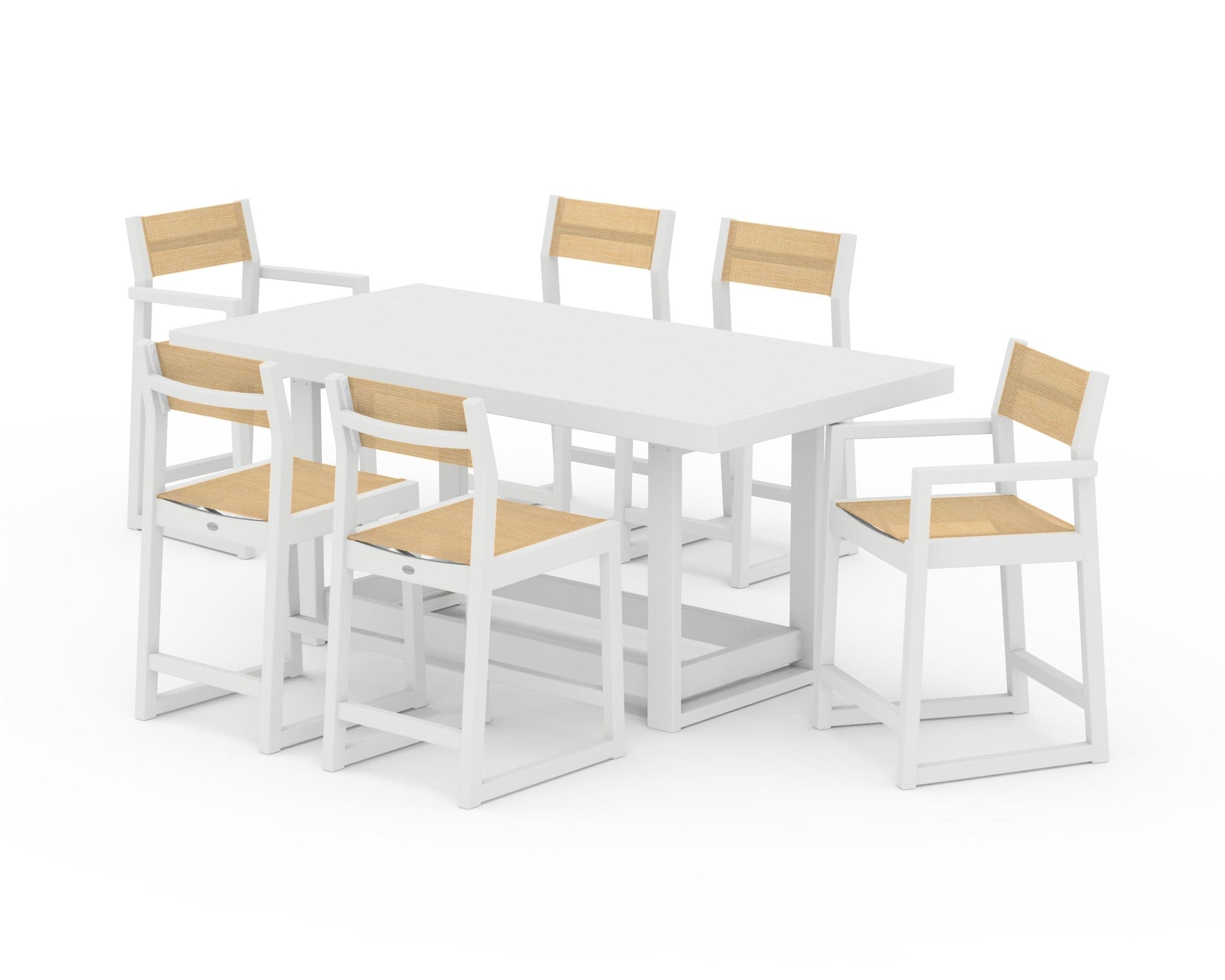 POLYWOOD EDGE Sling 7-Piece Counter Table Set — White / Dupioni Apricot Sling