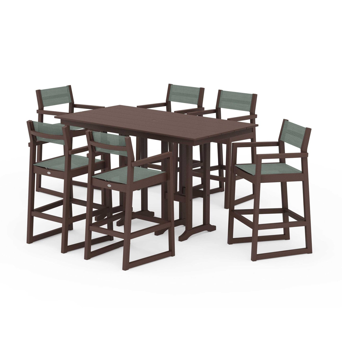 POLYWOOD EDGE Sling Arm Chair 7-Piece Farmhouse Bar Set — Mahogany / Dupioni Sea Mist Sling