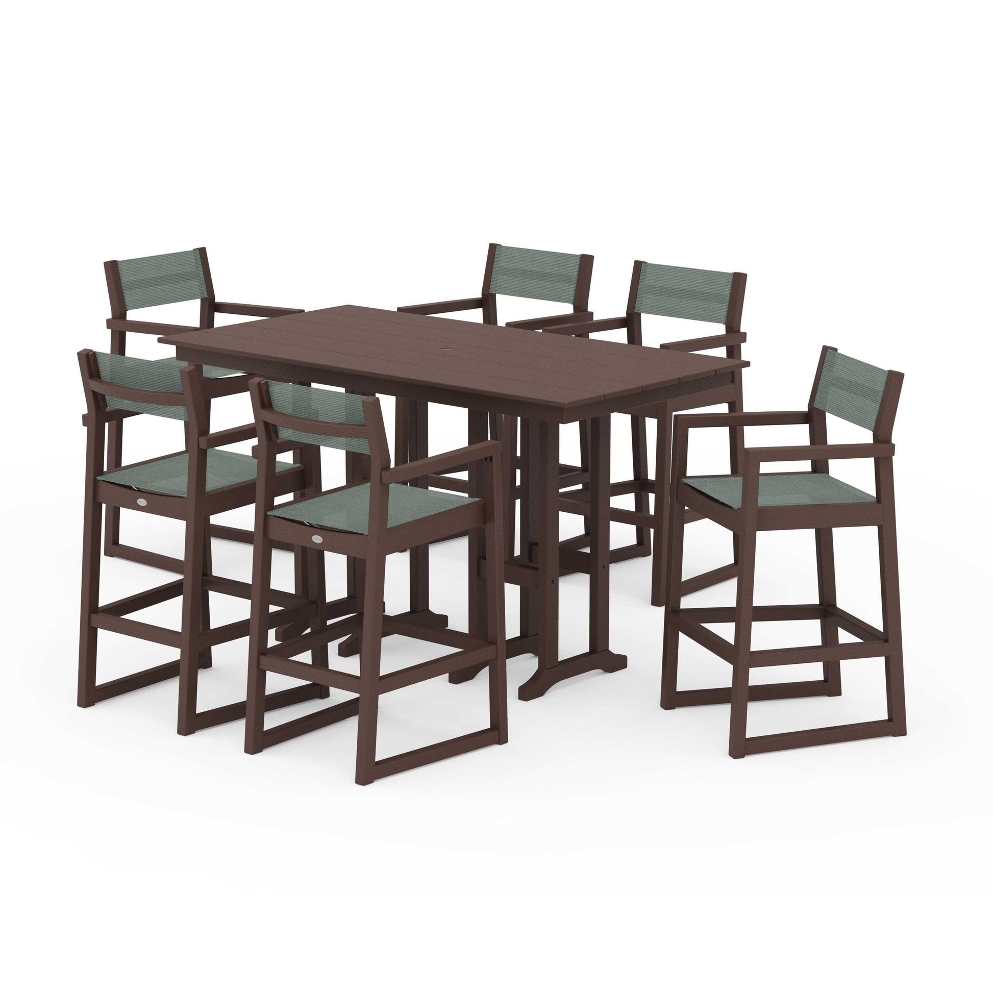 POLYWOOD EDGE Sling Arm Chair 7-Piece Farmhouse Bar Set — Mahogany / Dupioni Sea Mist Sling