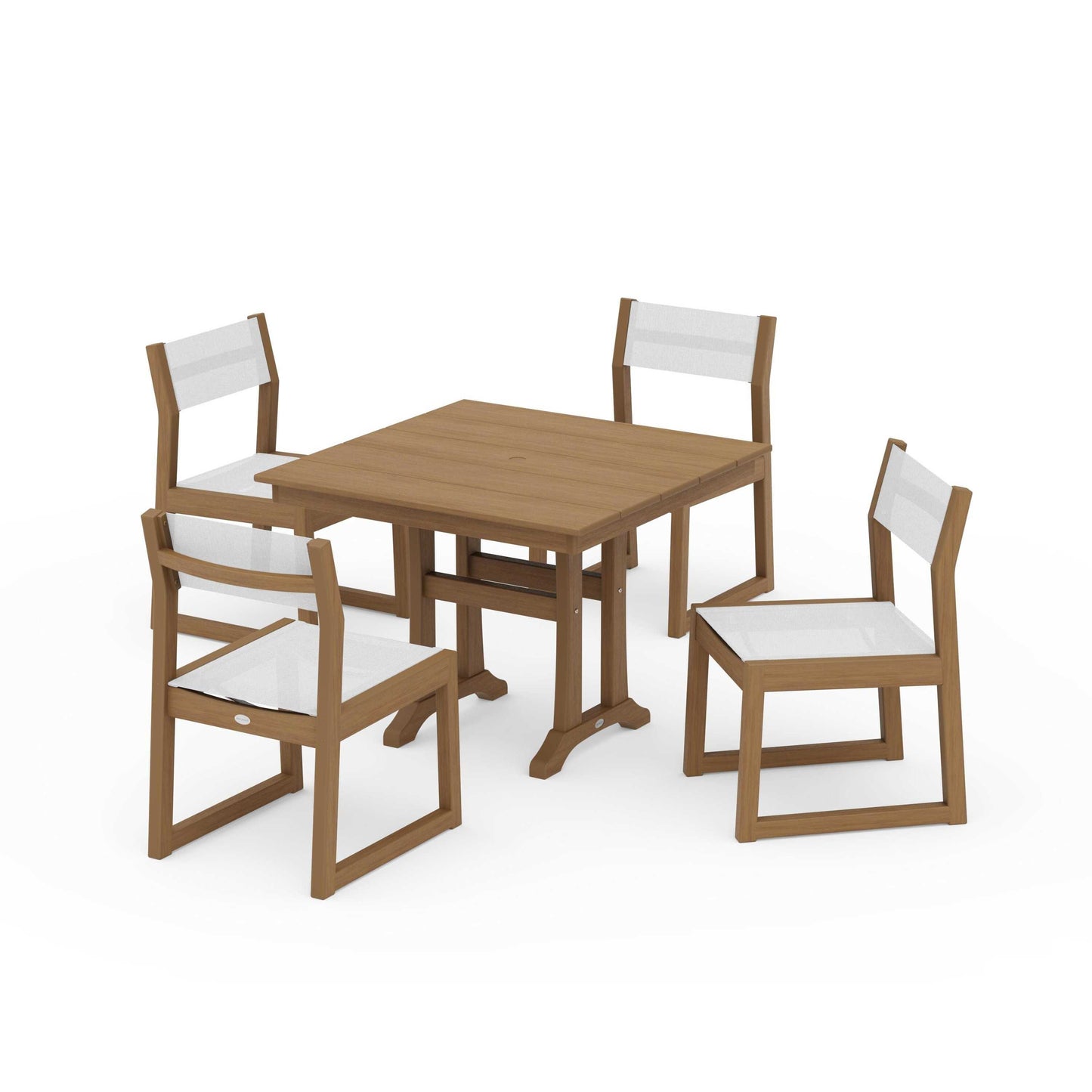 POLYWOOD EDGE Sling 5-Piece Farmhouse Trestle Side Chair Dining Set — Natural / White Sling