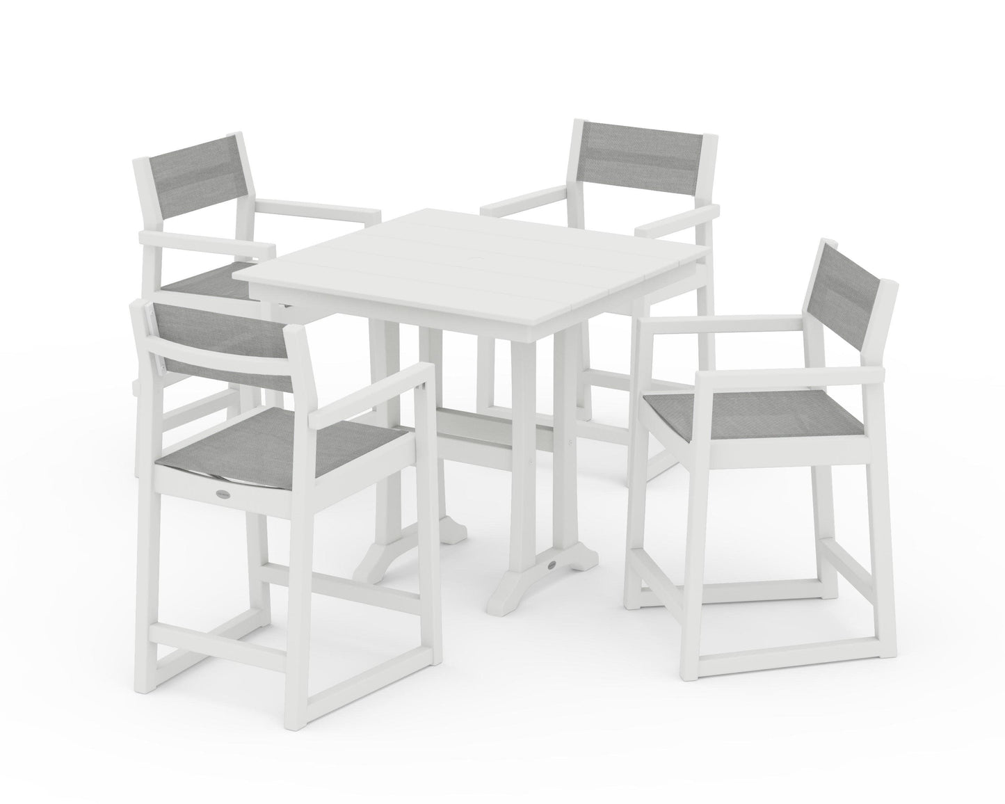 POLYWOOD EDGE Sling Arm Chair 5-Piece Farmhouse Counter Set with Trestle Legs — Vintage White / Metallic Sling