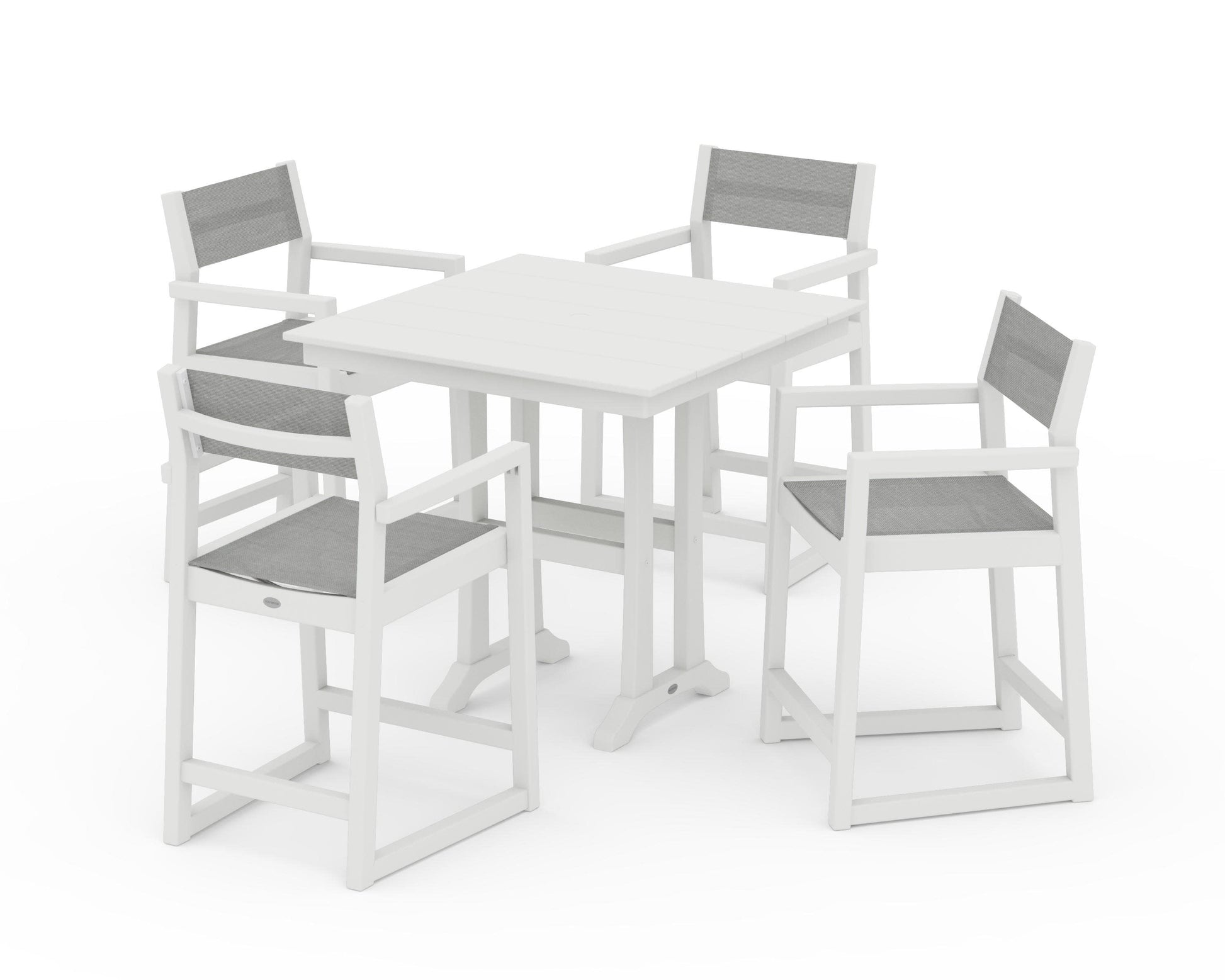 POLYWOOD EDGE Sling Arm Chair 5-Piece Farmhouse Counter Set with Trestle Legs — Vintage White / Metallic Sling