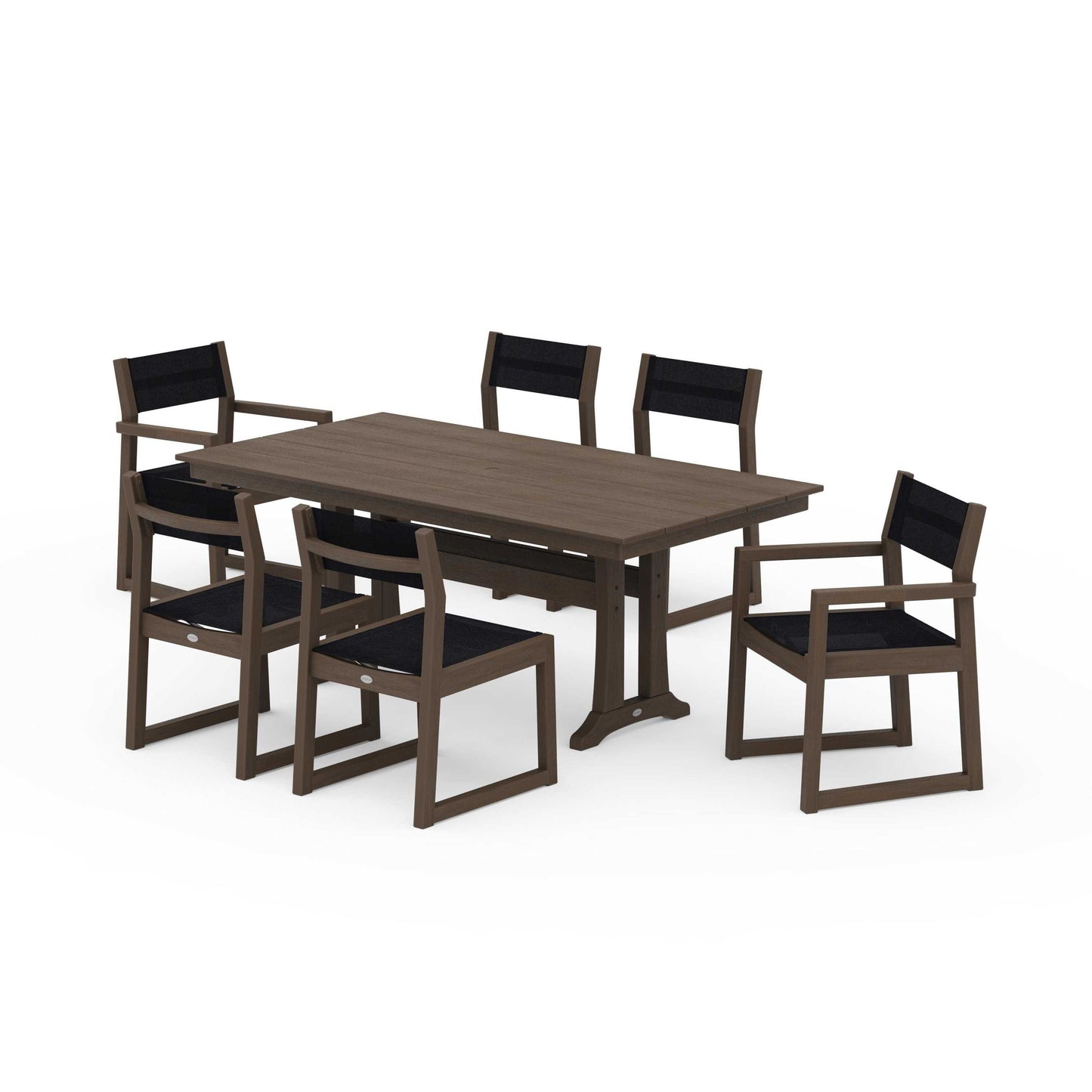 POLYWOOD EDGE Sling 7-Piece Farmhouse Trestle Dining Set — Kona / Black Sling