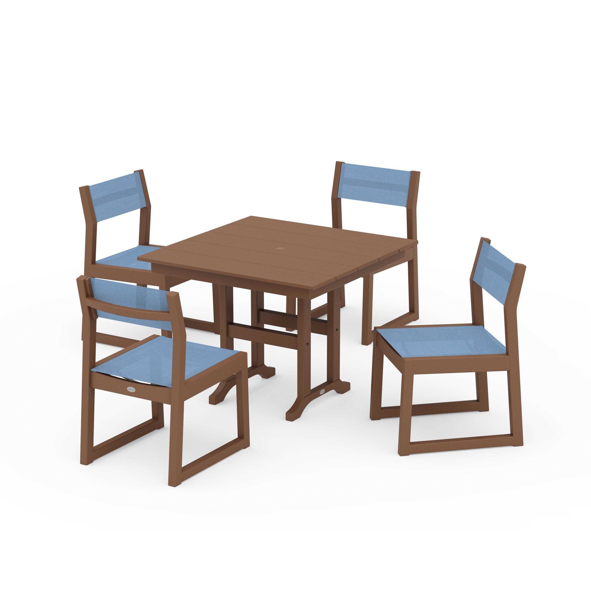 POLYWOOD EDGE Sling Side Chair 5-Piece Farmhouse Dining Set — Teak / Poolside Sling