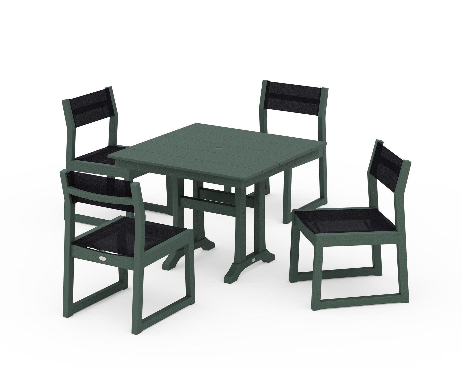 POLYWOOD EDGE Sling 5-Piece Farmhouse Trestle Side Chair Dining Set — Green / Black Sling