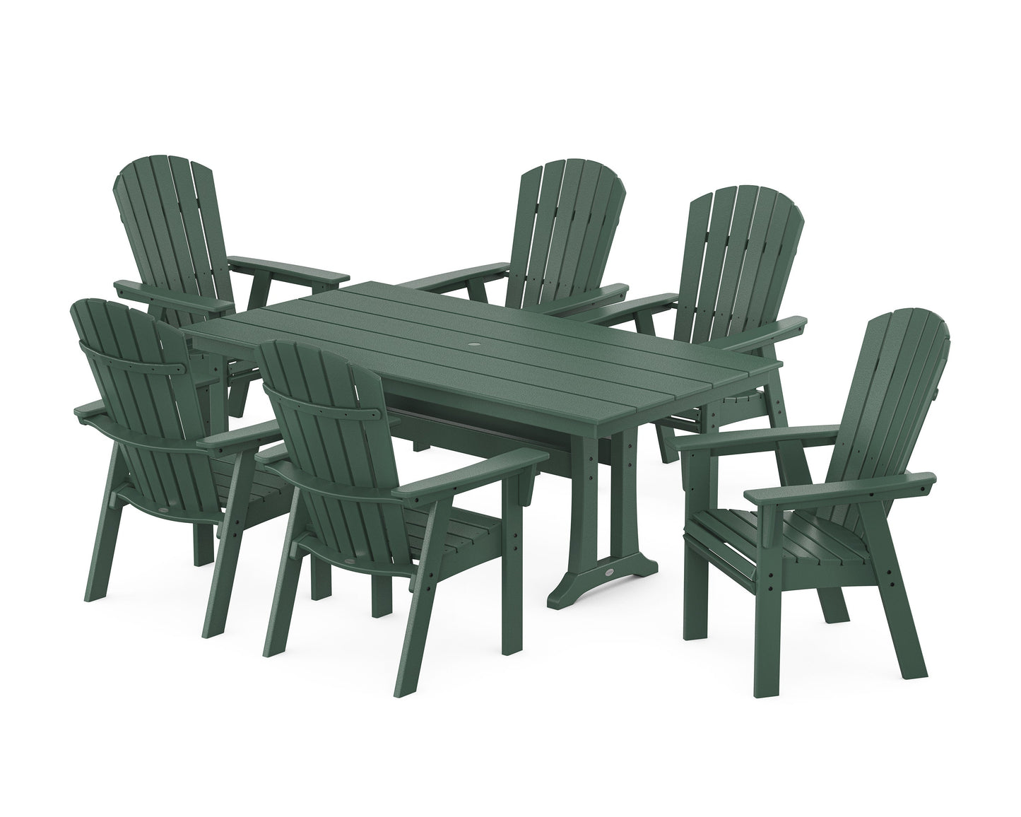 POLYWOOD Nautical Curveback Adirondack 7-Piece Farmhouse Dining Set with Trestle Legs — Green