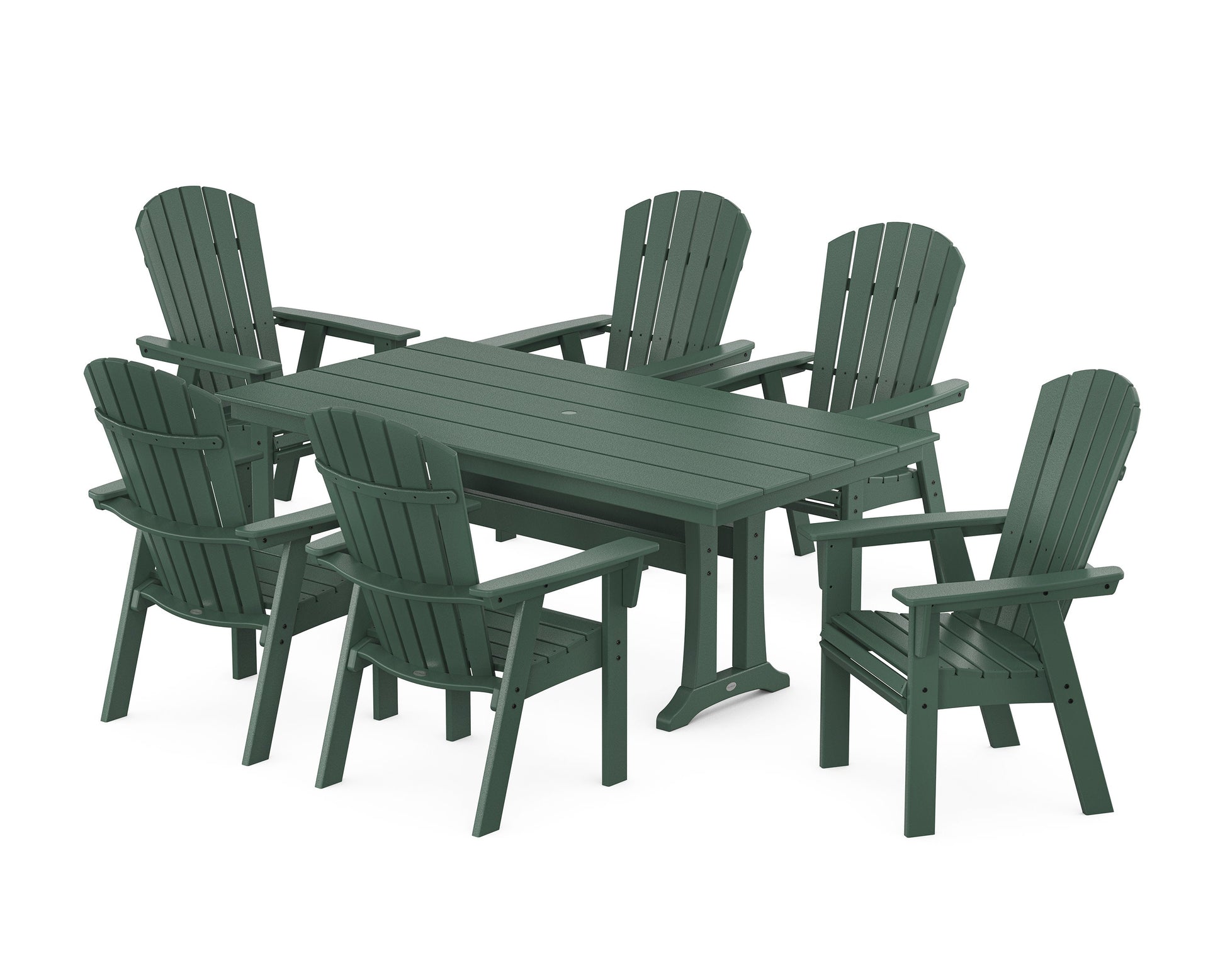 POLYWOOD Nautical Curveback Adirondack 7-Piece Farmhouse Dining Set with Trestle Legs — Green