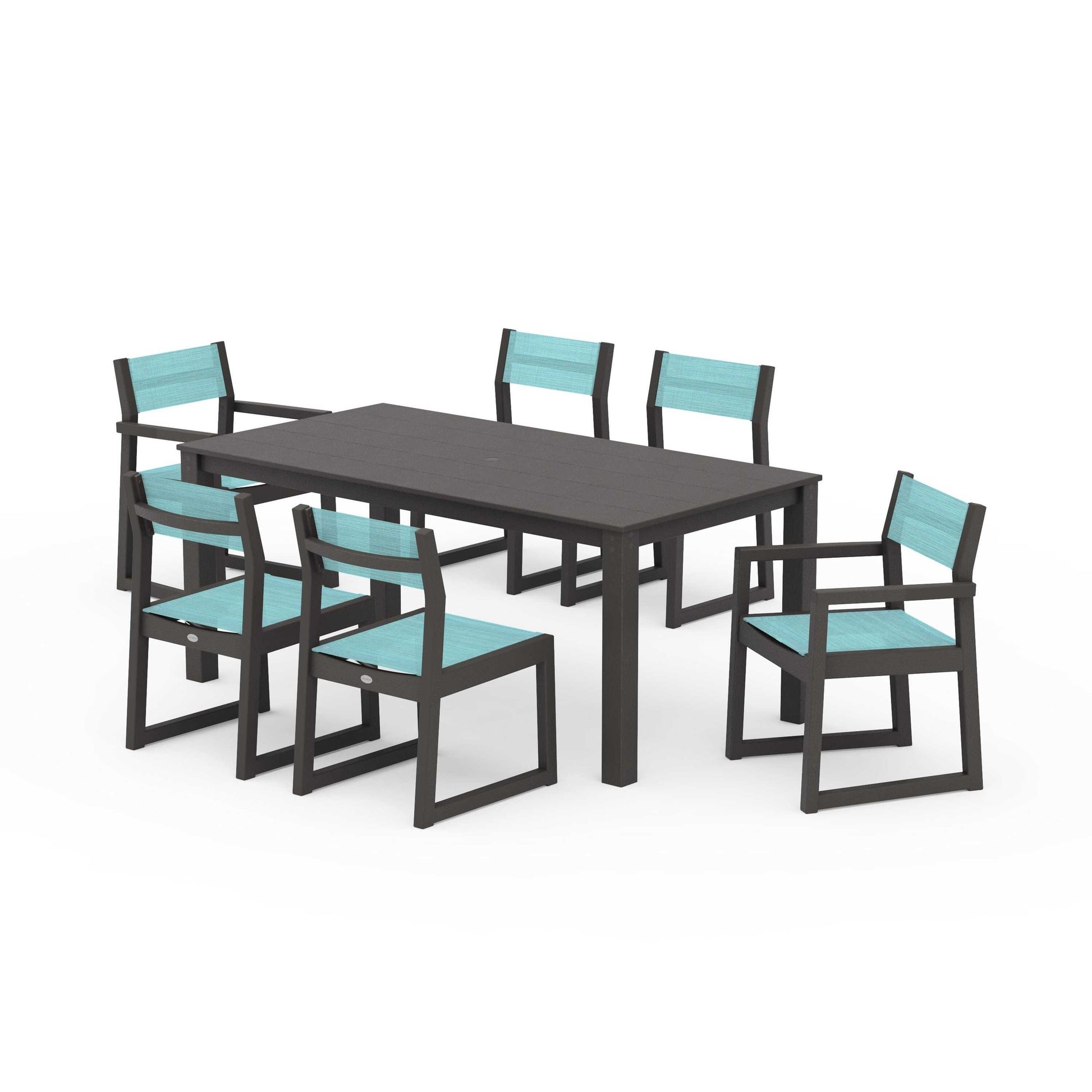 POLYWOOD EDGE Sling 7-Piece Parsons Dining Set — Vintage Coffee / Dupioni Aquamarine Sling