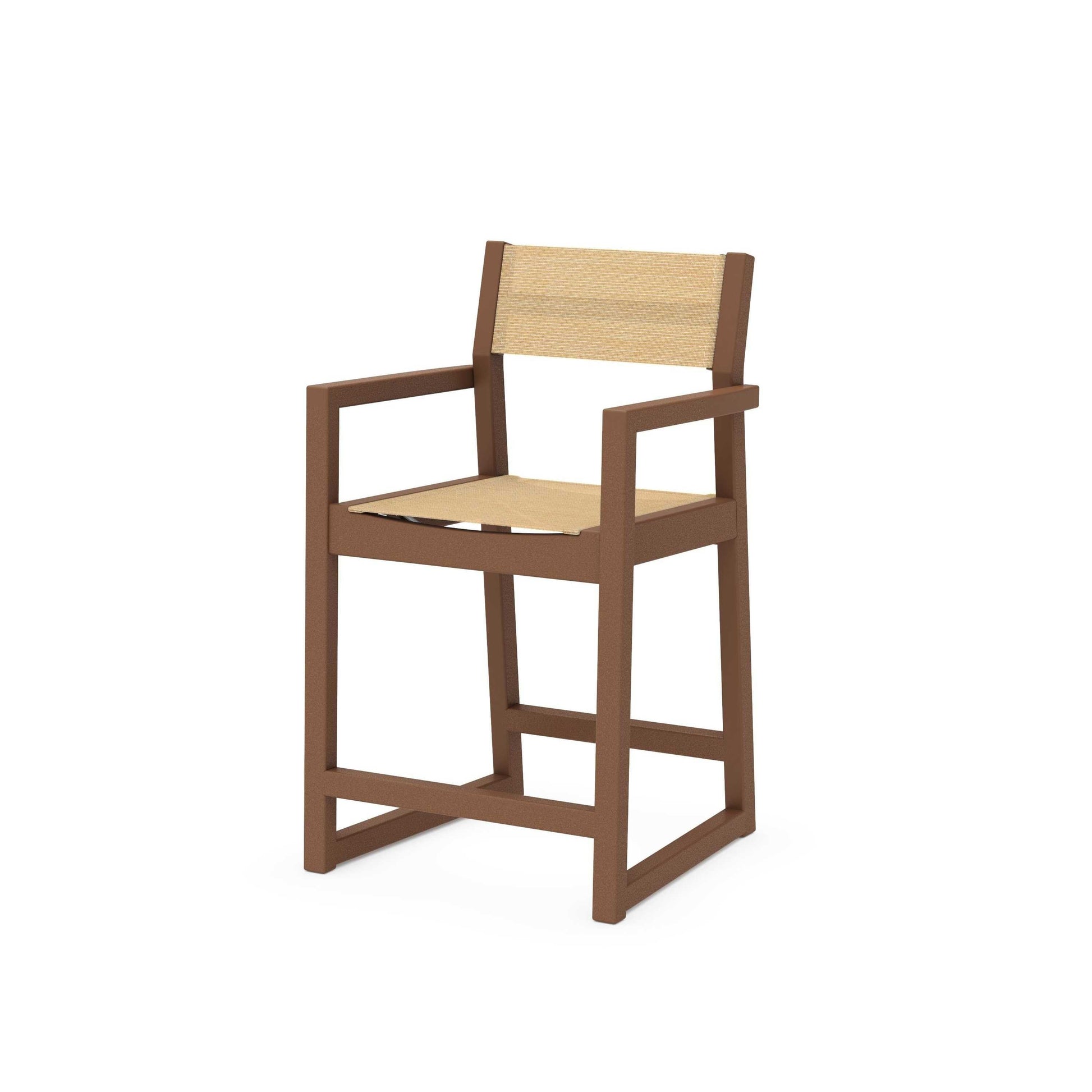 POLYWOOD EDGE Sling Counter Arm Chair — Teak / Dupioni Apricot Sling