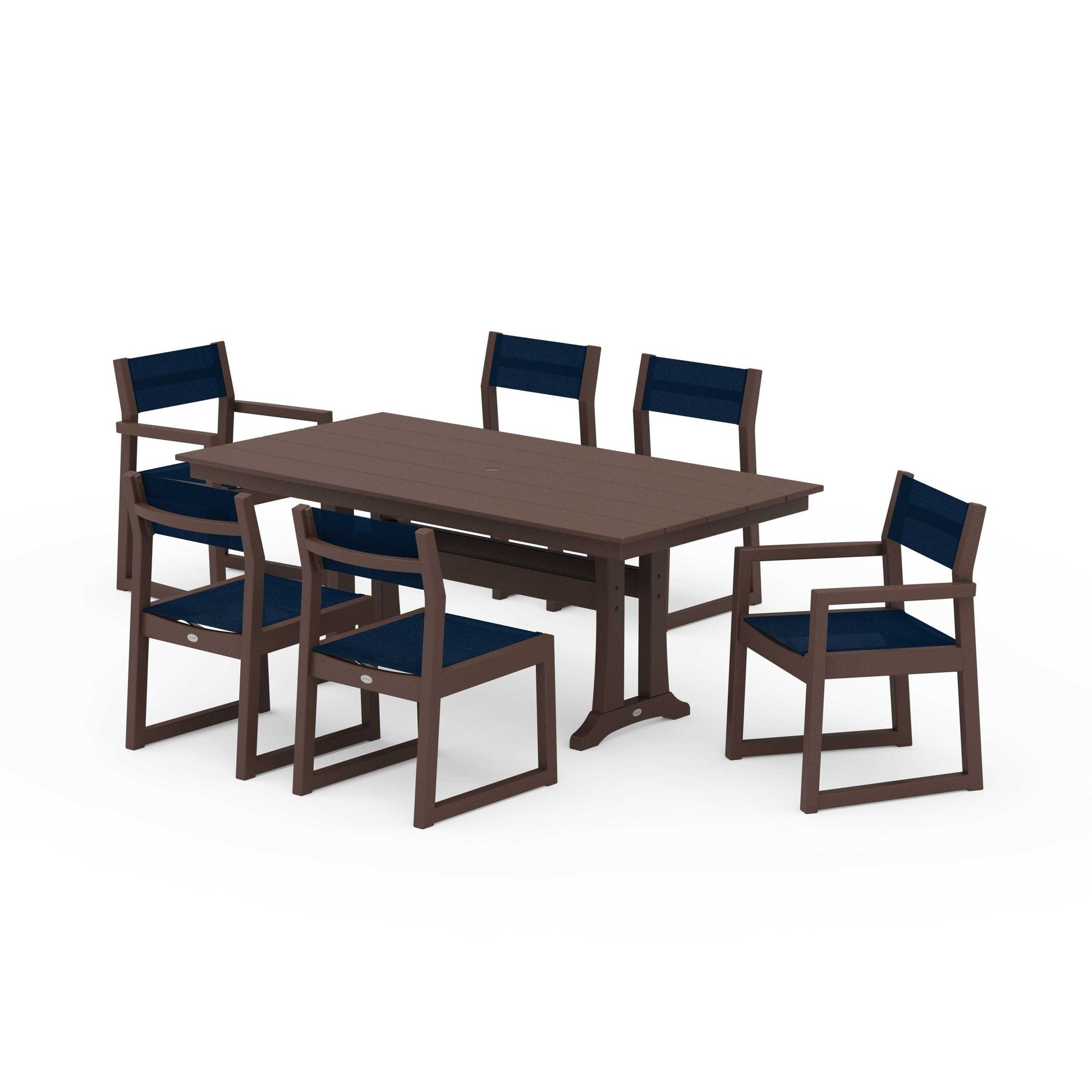 POLYWOOD EDGE Sling 7-Piece Farmhouse Trestle Dining Set — Mahogany / Navy Blue Sling