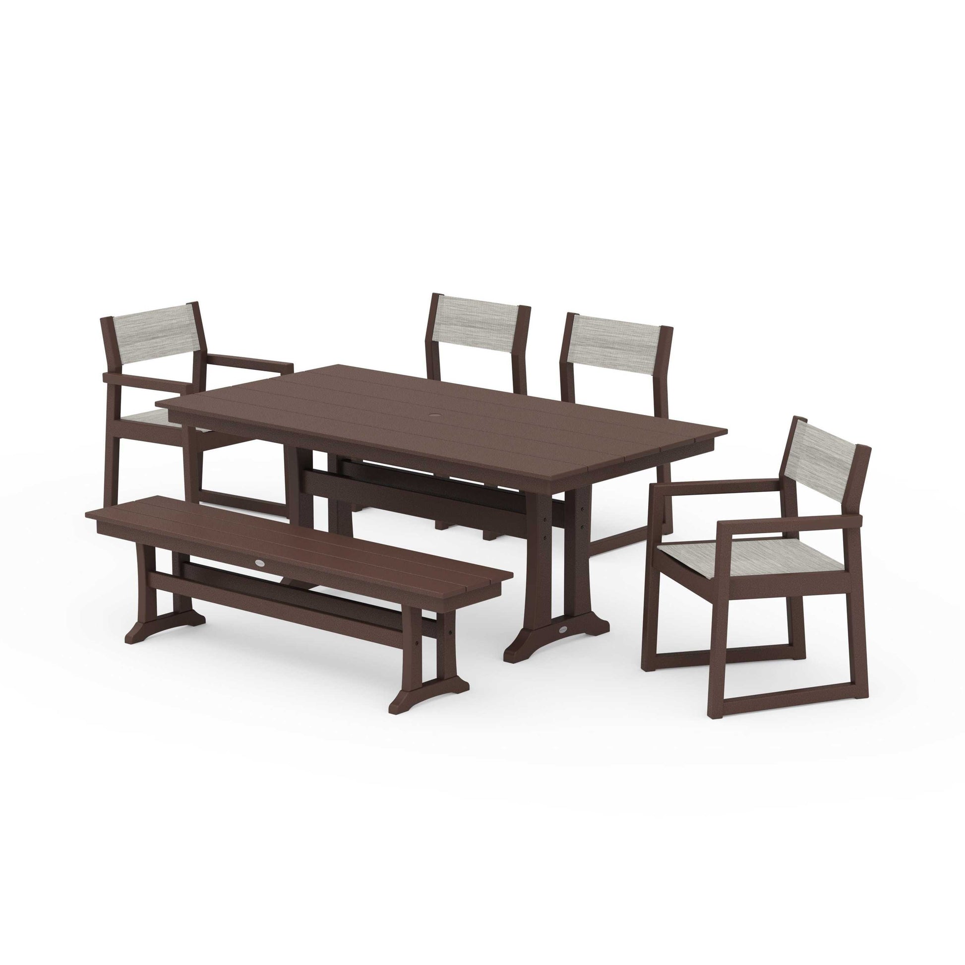 POLYWOOD EDGE Sling 6-Piece Farmhouse Dining Set With Trestle Legs — Mahogany / Birch Sling