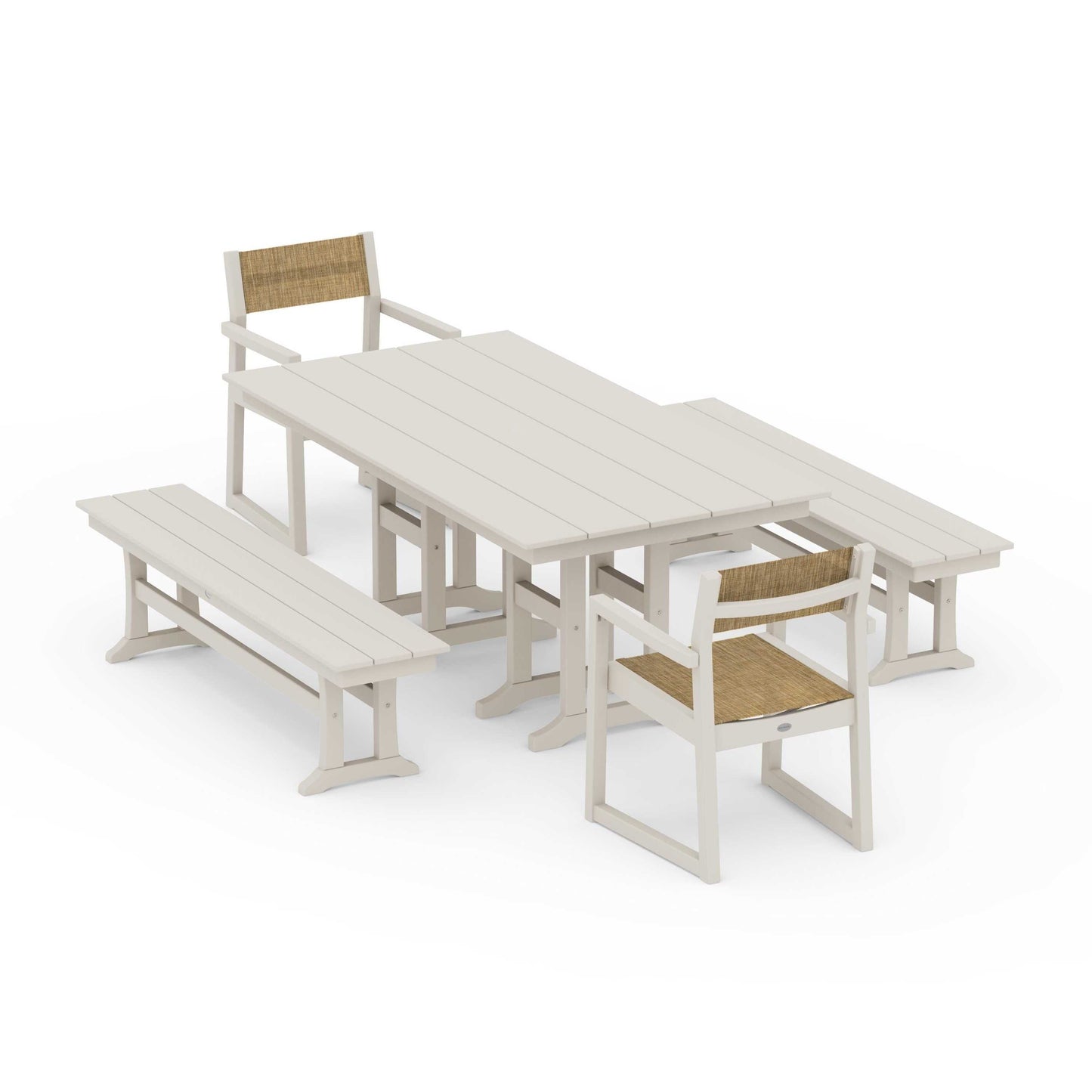 POLYWOOD EDGE Sling Arm Chair 5-Piece Farmhouse Dining Set with Benches — Sand / Burlap Sling
