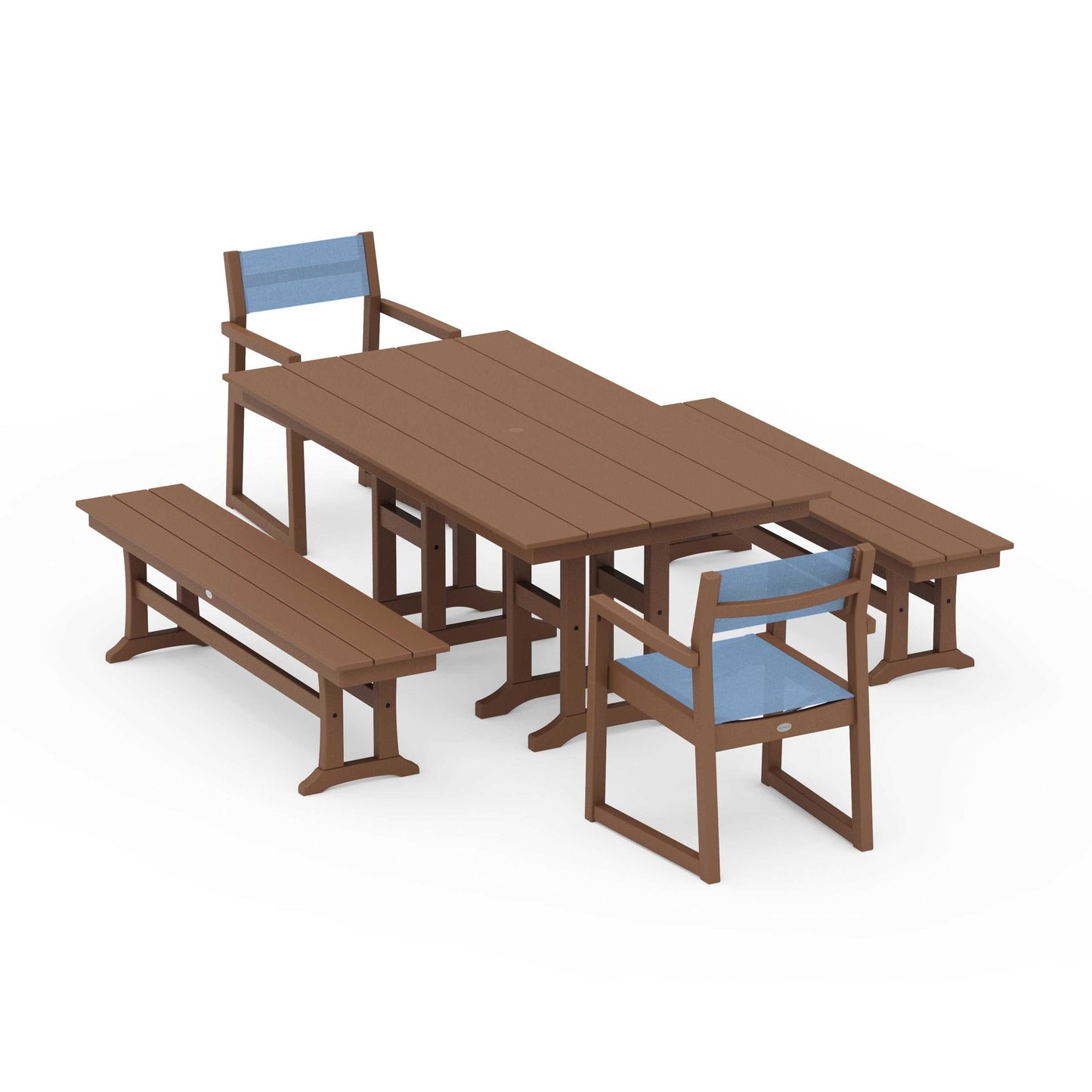 POLYWOOD EDGE Sling Arm Chair 5-Piece Farmhouse Dining Set with Benches — Teak / Poolside Sling