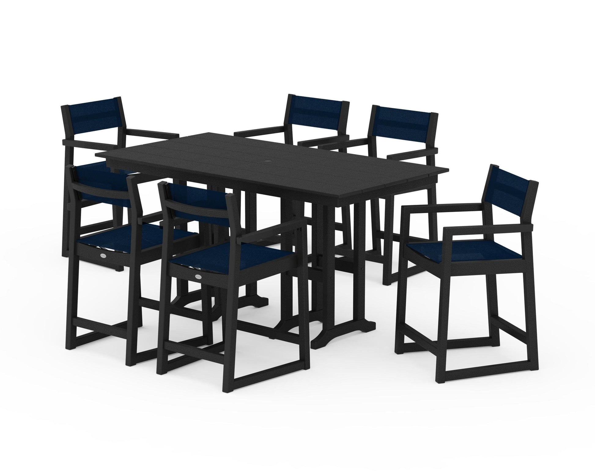POLYWOOD EDGE Sling Arm Chair 7-Piece Farmhouse Counter Set — Black / Navy Blue Sling